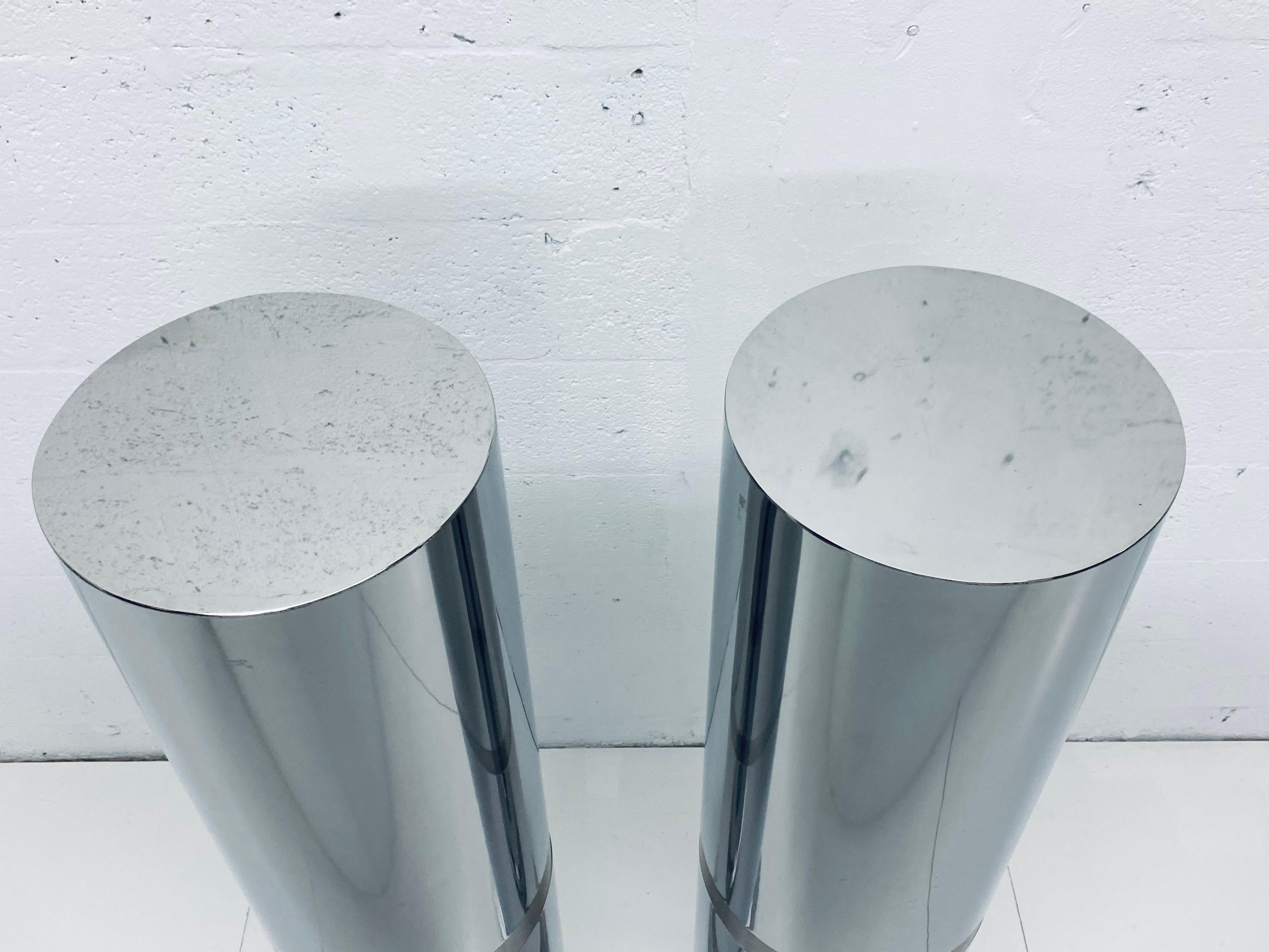 Pair of Polished Steel Tall Circular Pedestal Tables with Brushed Steel Banding For Sale 11