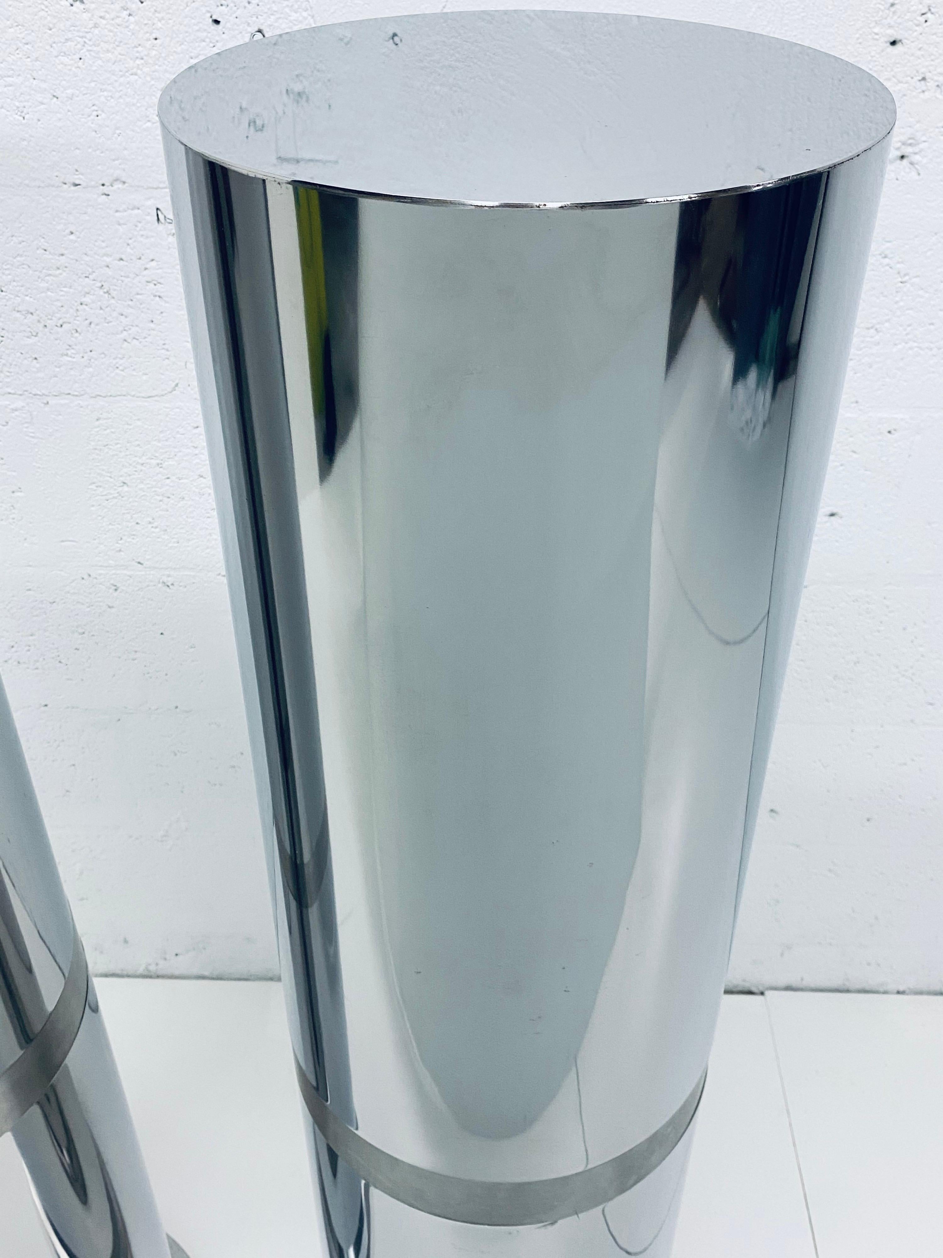 Pair of Polished Steel Tall Circular Pedestal Tables with Brushed Steel Banding For Sale 2