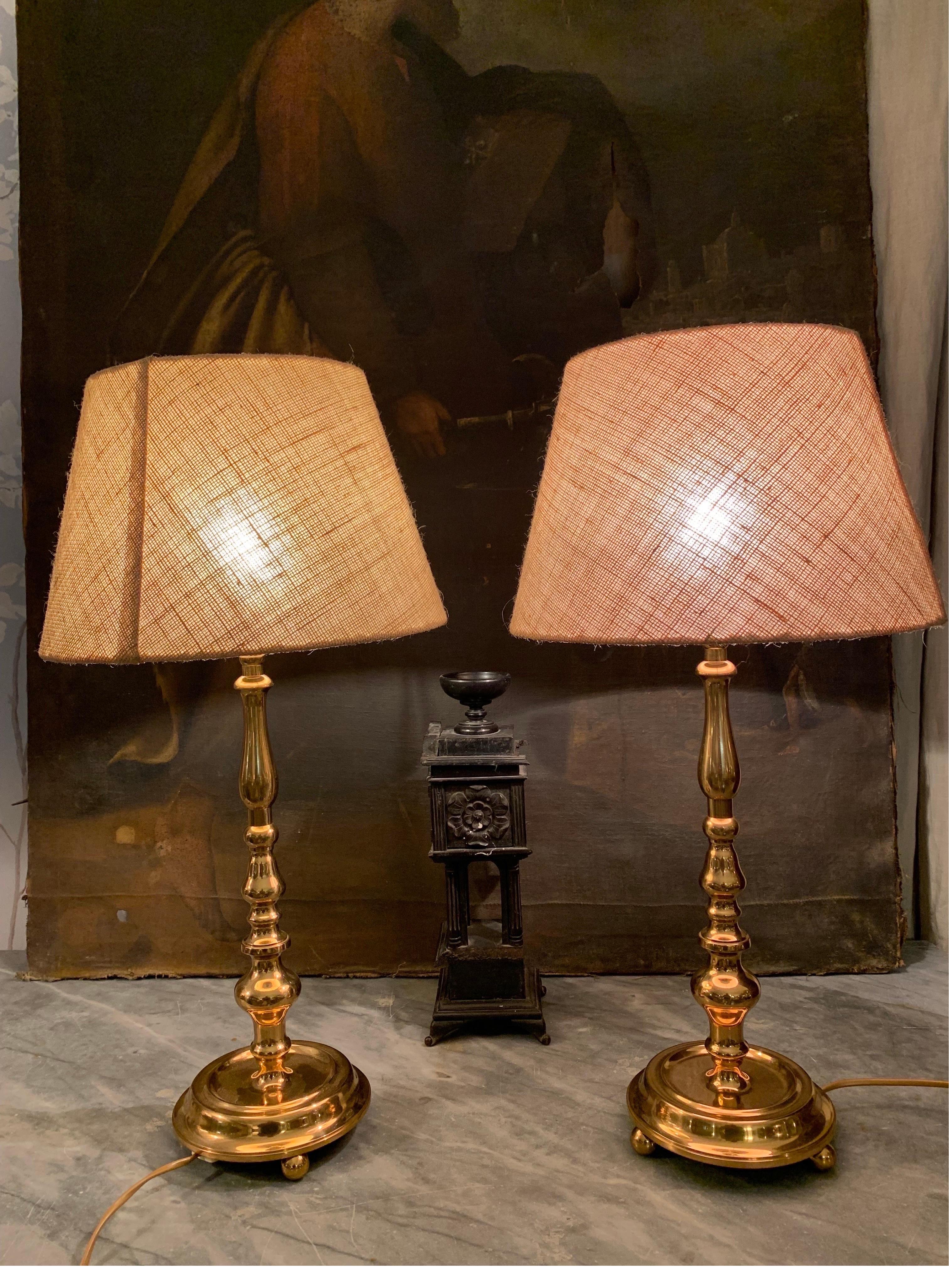 Pair Polished Vintage Midcentury Brass Table Lamps For Sale 10