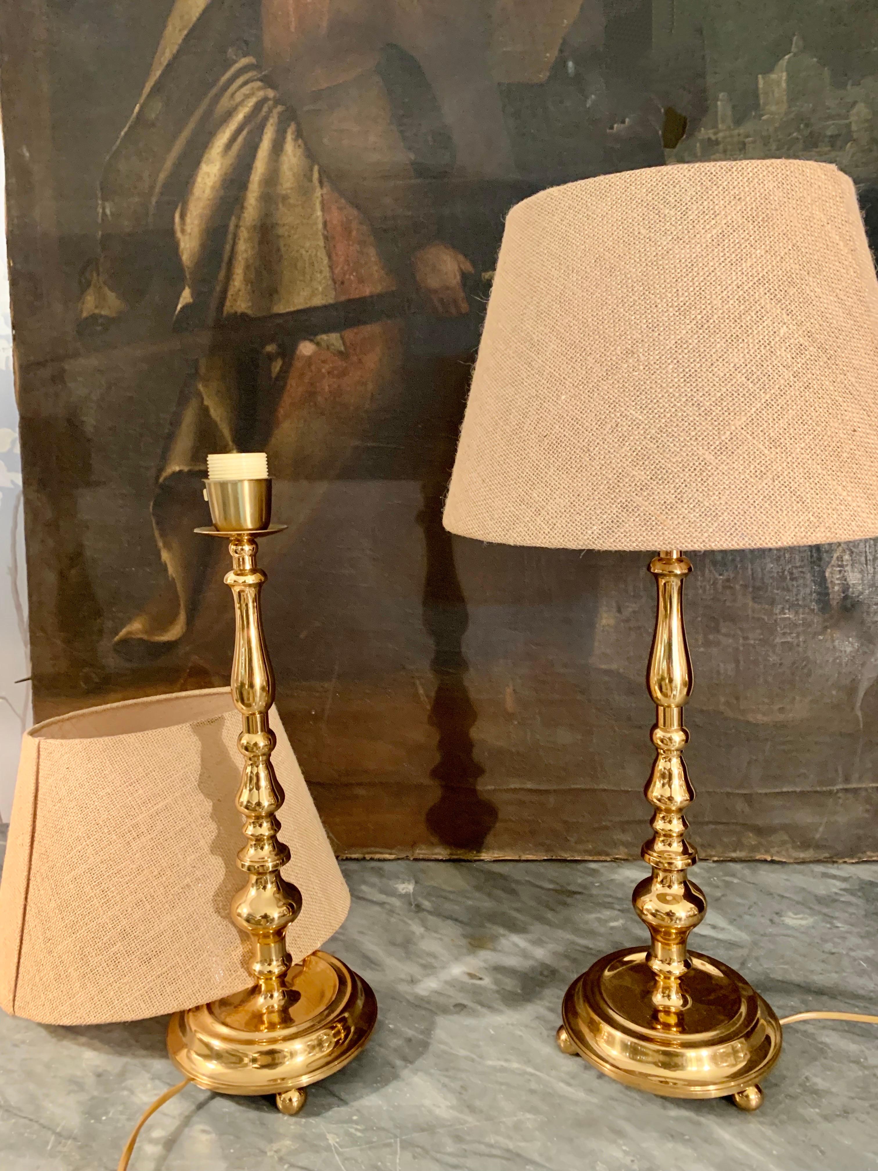 Mid-Century Modern Pair Polished Vintage Midcentury Brass Table Lamps For Sale