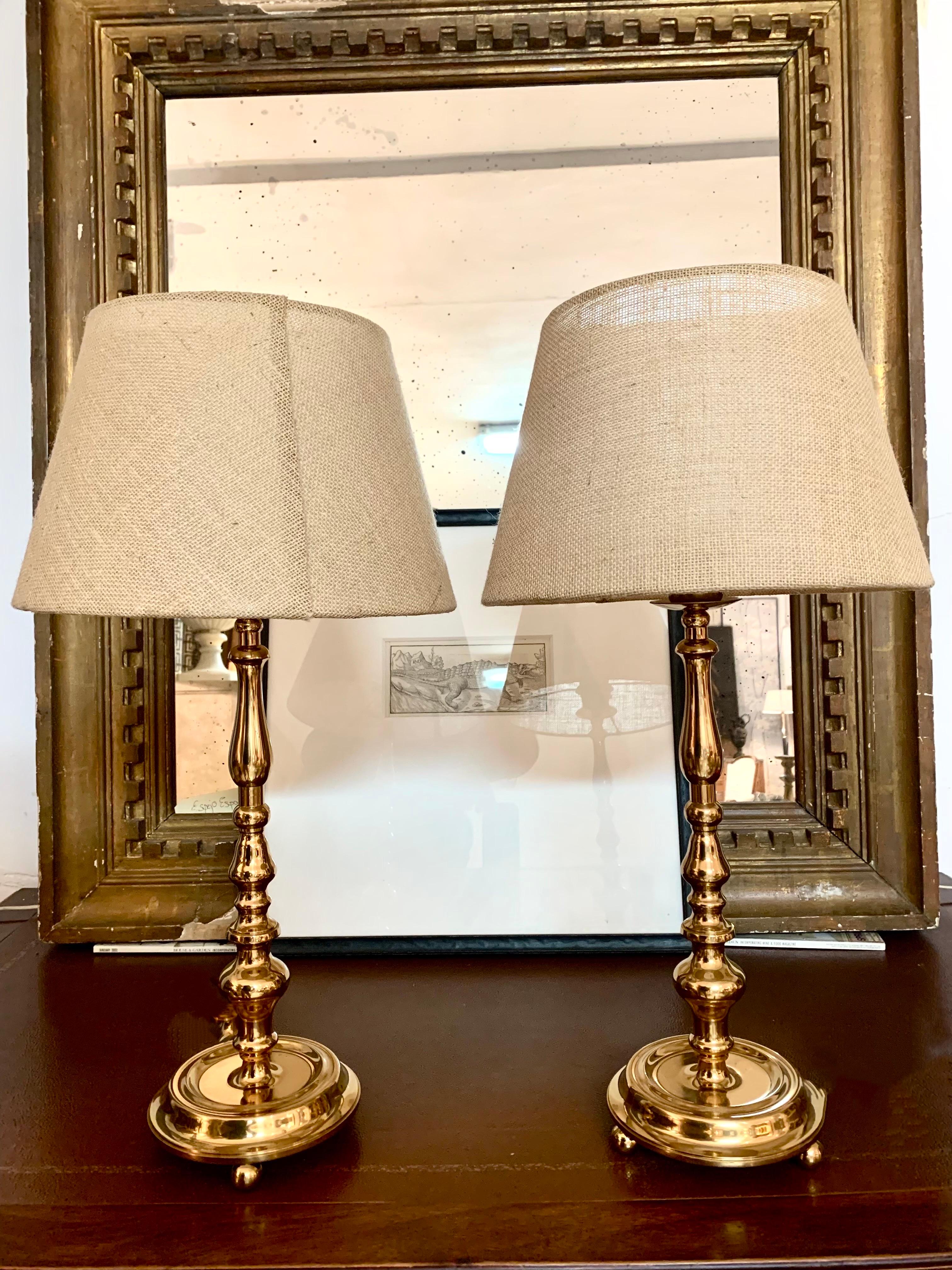 20th Century Pair Polished Vintage Midcentury Brass Table Lamps For Sale