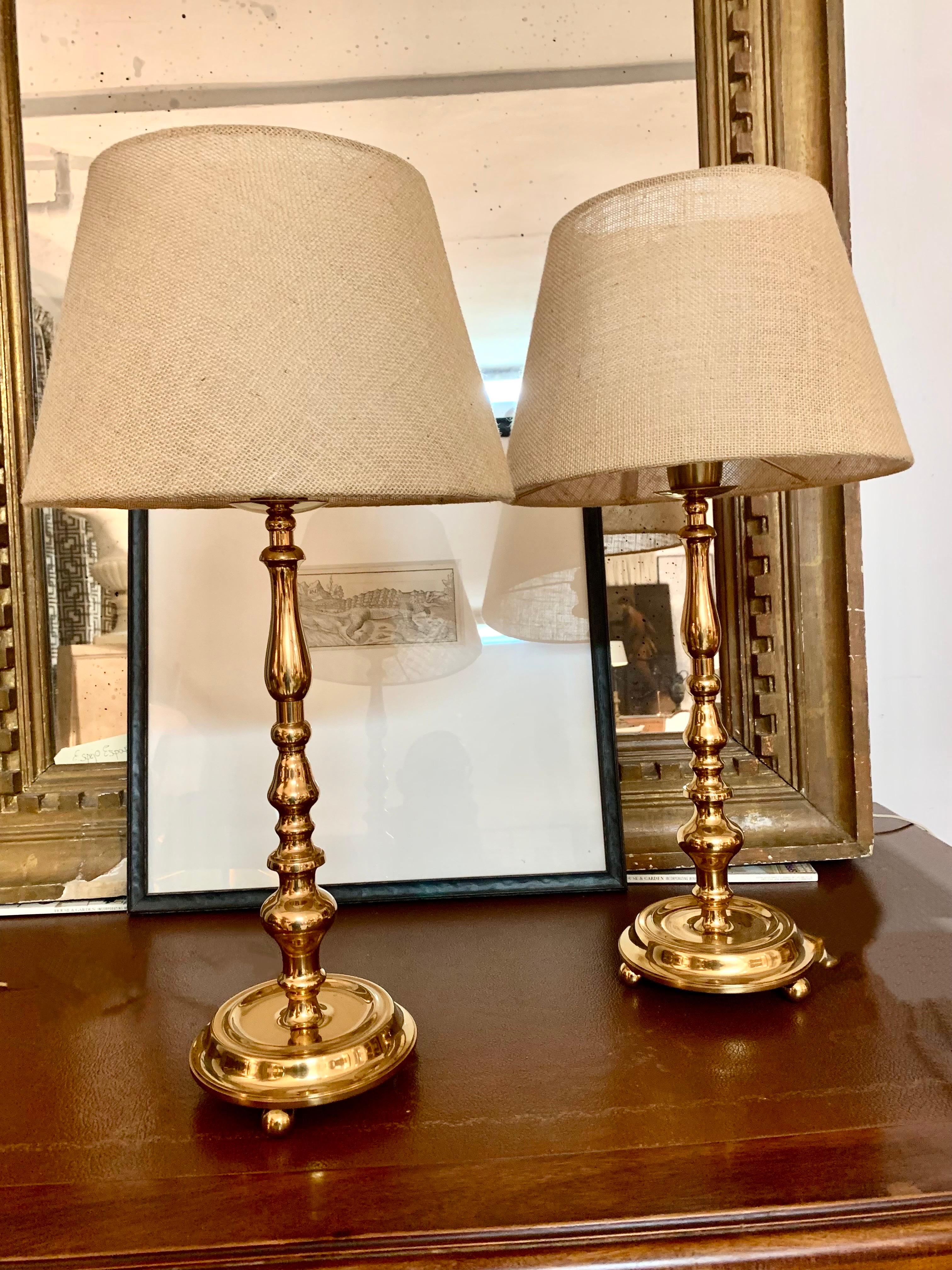 Pair Polished Vintage Midcentury Brass Table Lamps For Sale 1
