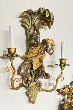 Pair Polychrome Carved Wooden Monkey Form Sconces