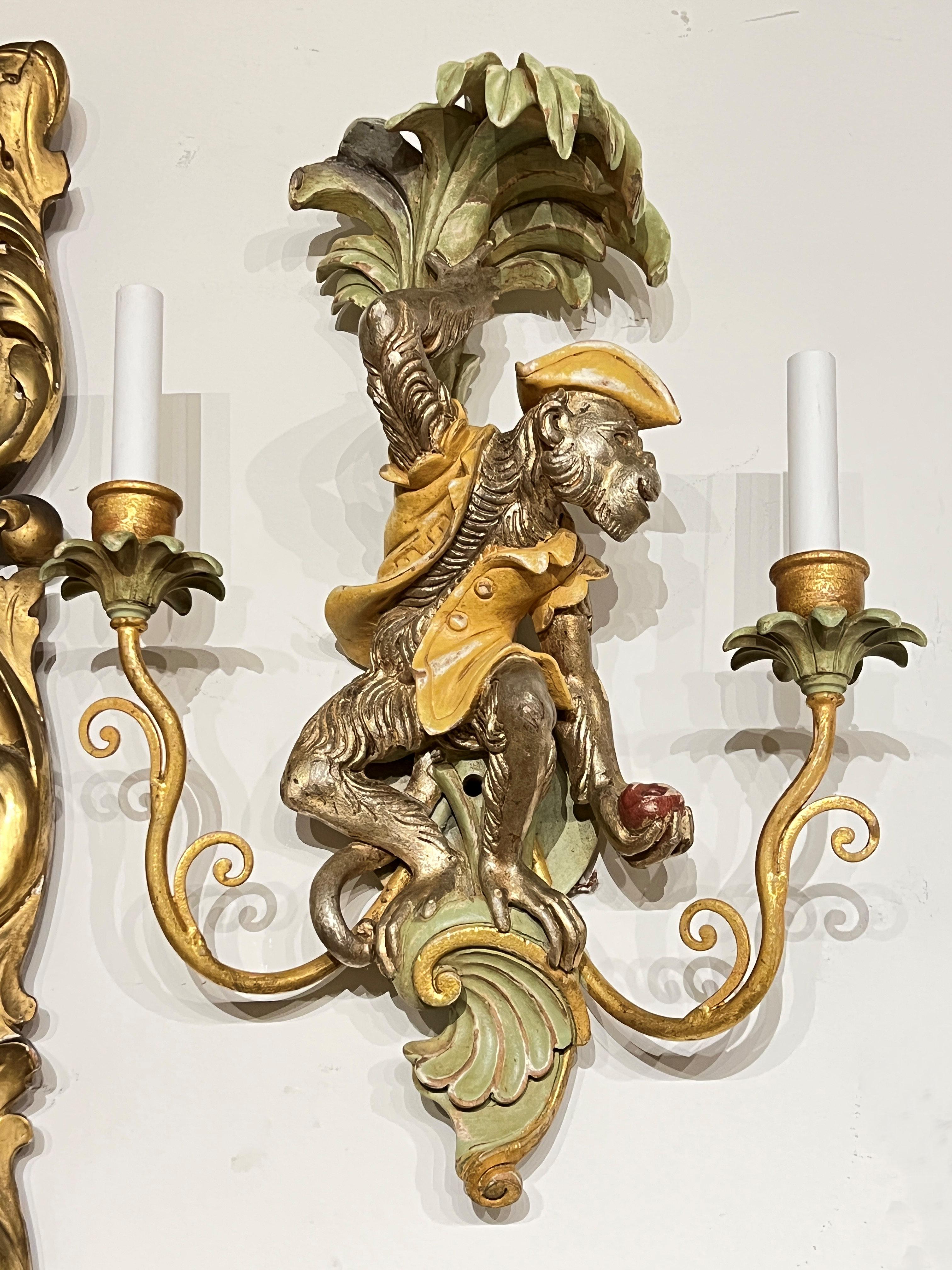 Spanish Pair Polychrome Carved Wooden Monkey Form Sconces