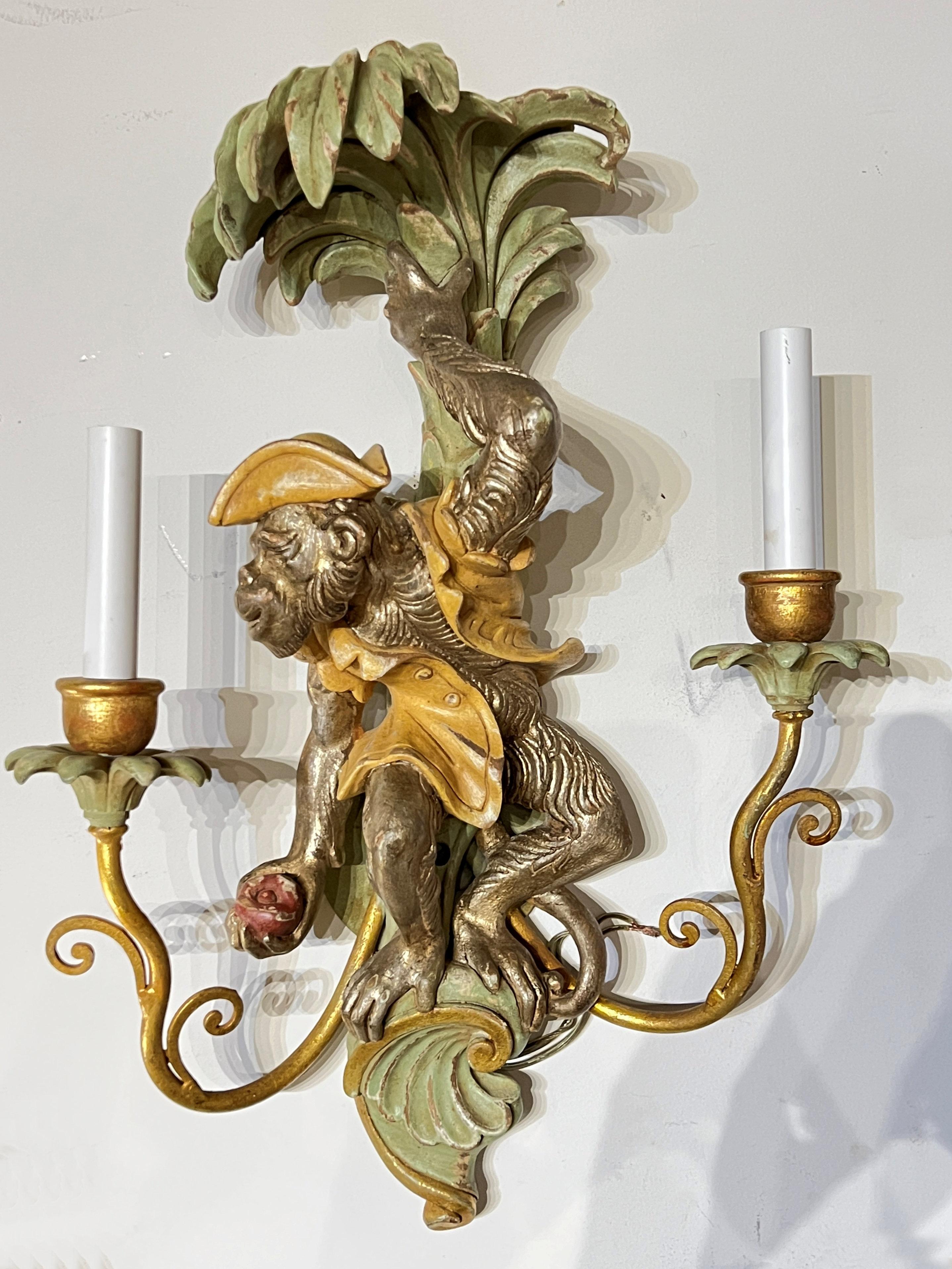 Pair Polychrome Carved Wooden Monkey Form Sconces In Good Condition In New York, NY