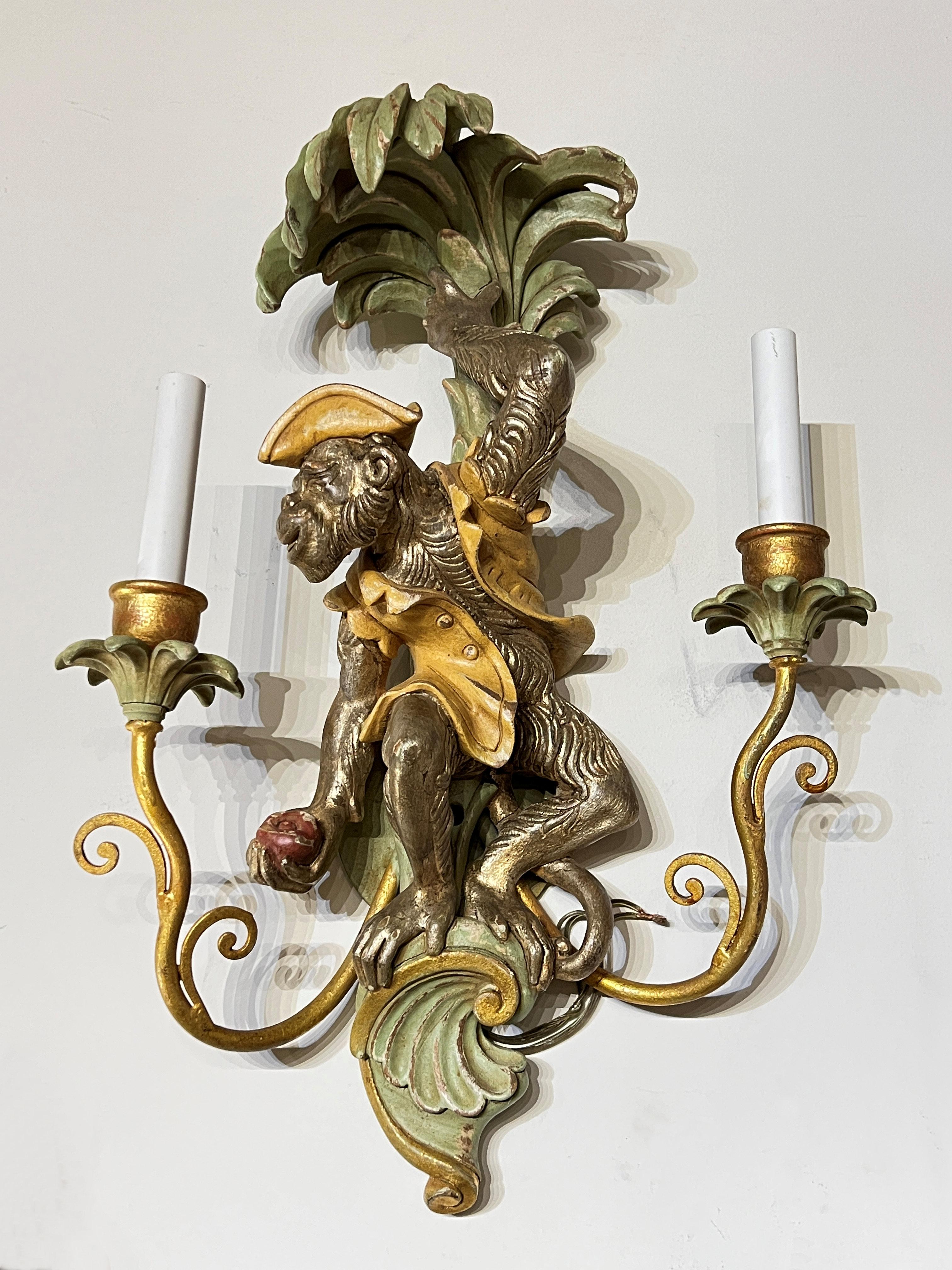 20th Century Pair Polychrome Carved Wooden Monkey Form Sconces