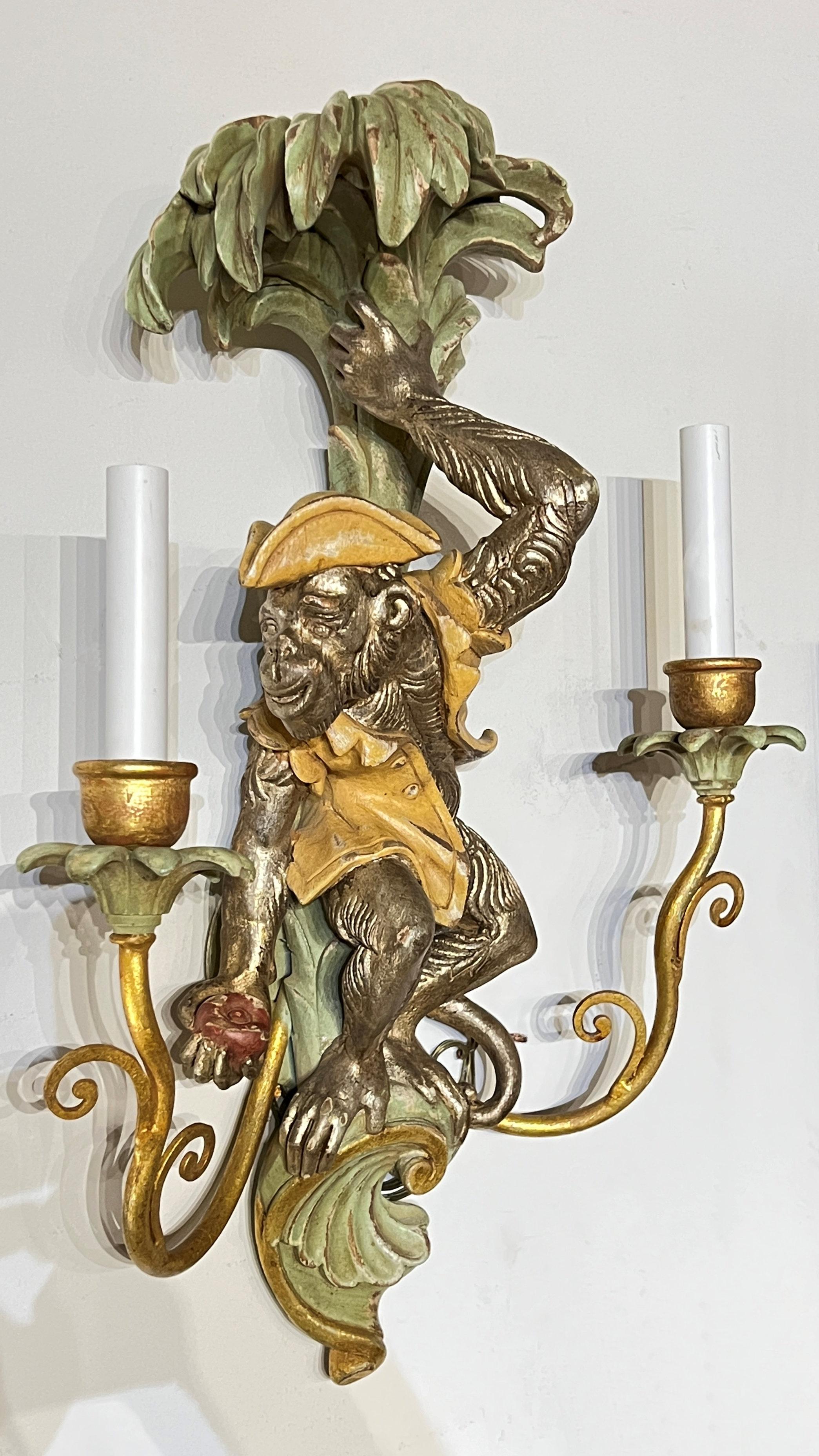 Pair Polychrome Carved Wooden Monkey Form Sconces 1