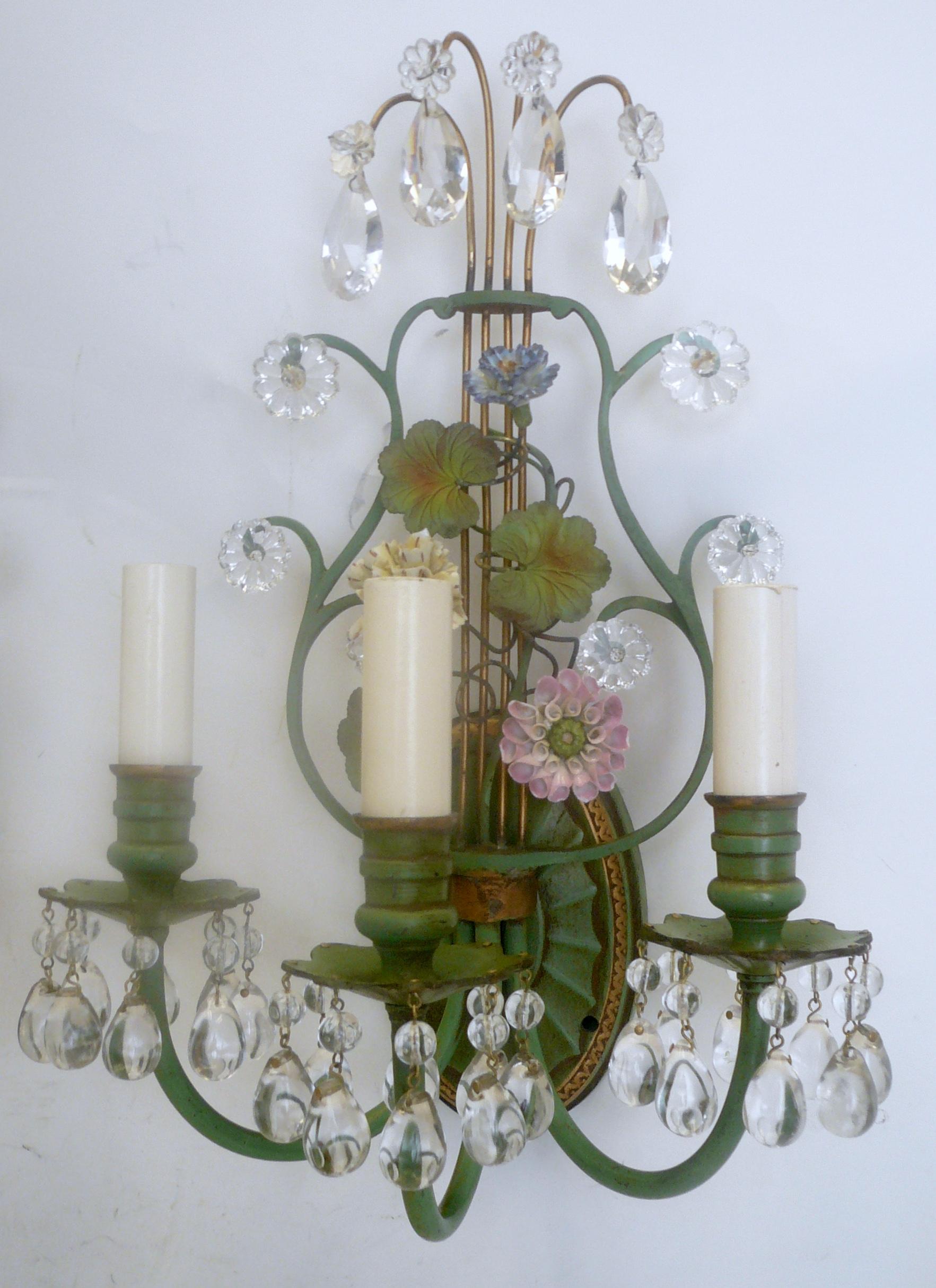 French Pair of Polychrome Enameled Bronze and Porcelain Flower Lyre Form Sconces For Sale