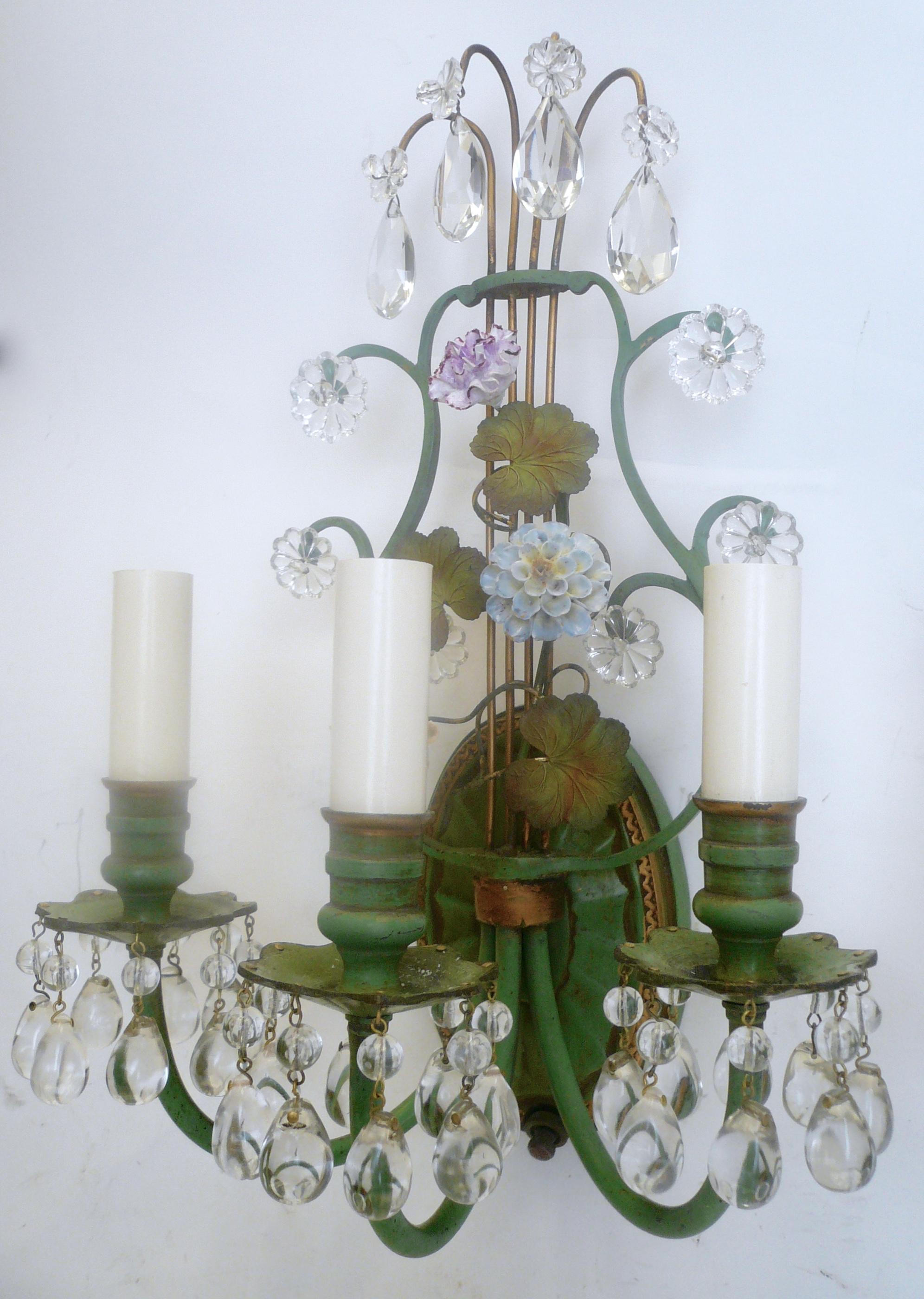 Faceted Pair of Polychrome Enameled Bronze and Porcelain Flower Lyre Form Sconces For Sale