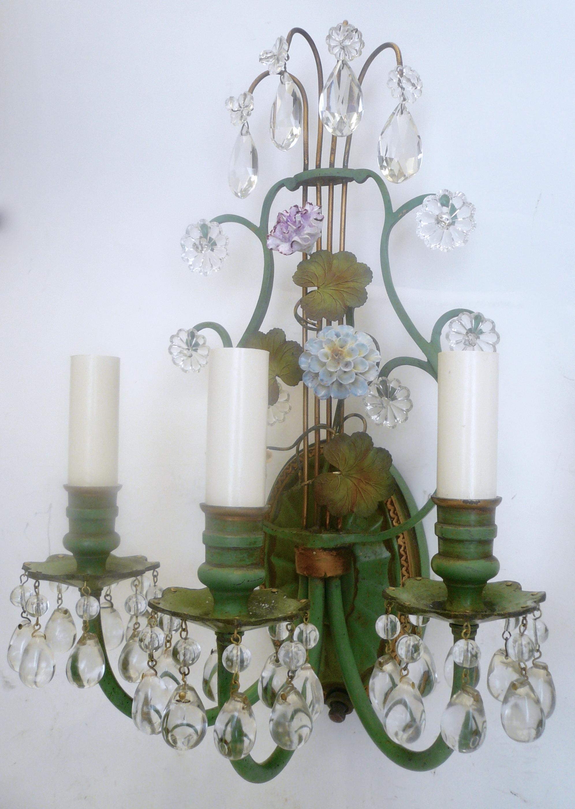 Polychromed Pair of Polychrome Enameled Bronze and Porcelain Flower Lyre Form Sconces For Sale