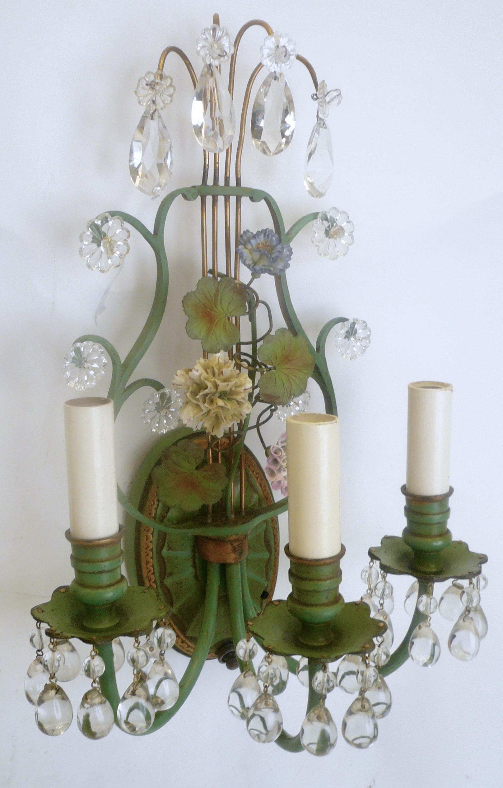 Pair of Polychrome Enameled Bronze and Porcelain Flower Lyre Form Sconces In Good Condition For Sale In Pittsburgh, PA