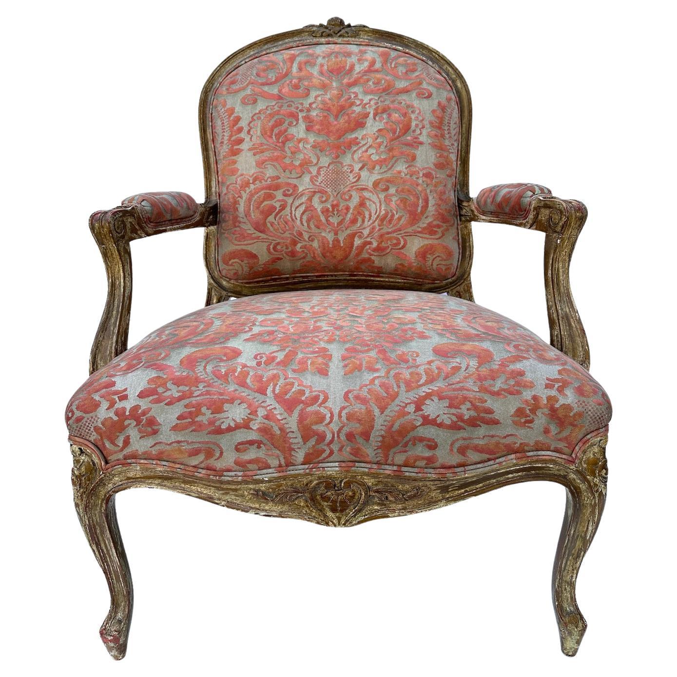 Pair of Louis XV style, hand-carved, hand-painted, polychromed and gilded armchairs.  Late 1800's.  Newly upholstered in Fortuny fabric.