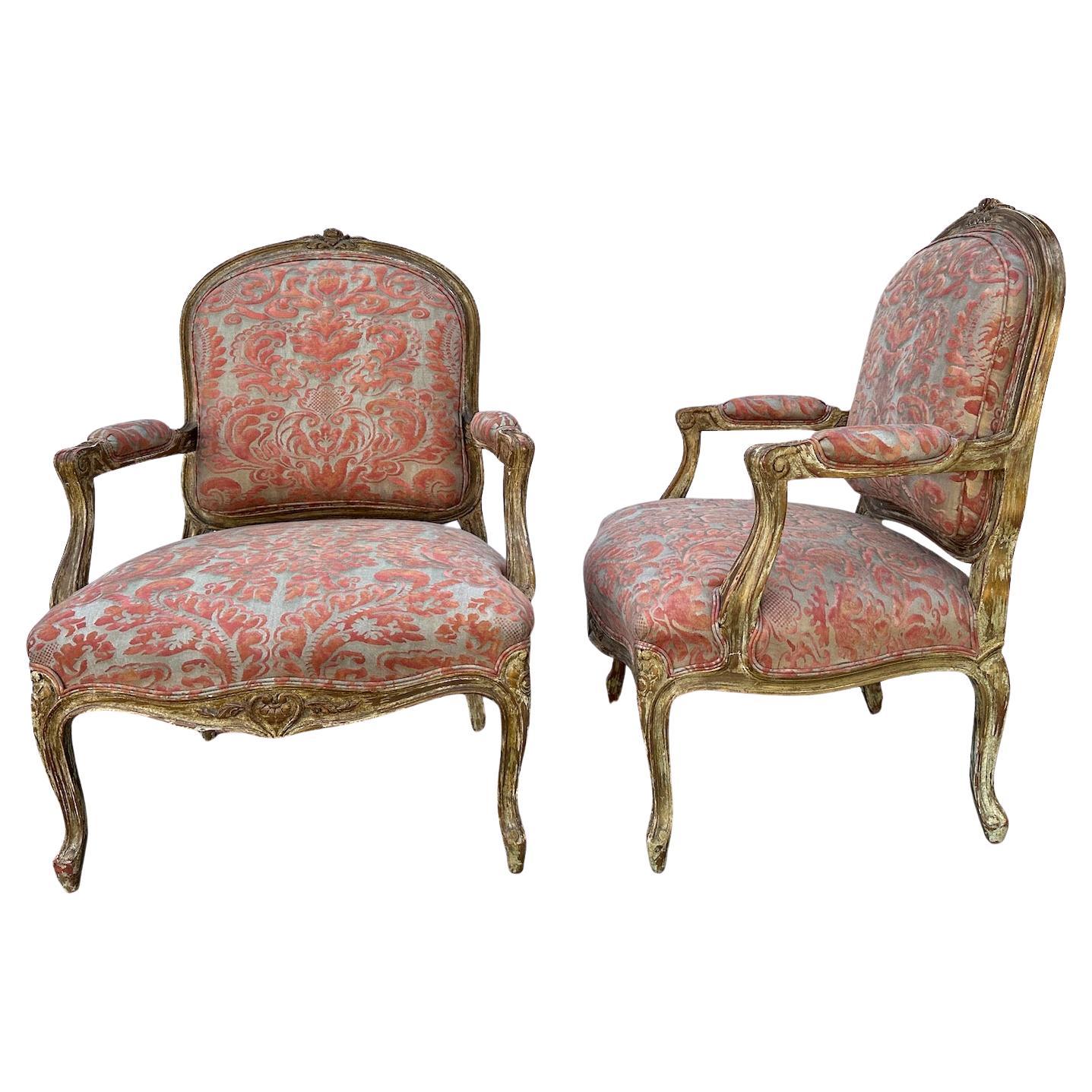 Pair Polychromed and Gilded Louis XV Style Armchairs  For Sale