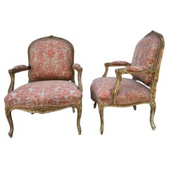 Pair Polychromed and Gilded Louis XV Style Armchairs 
