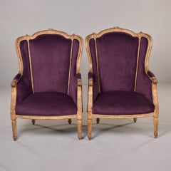 Pair Ponteuse Louis XV Style Bergeres With New Aubergine Velvet Upholstery