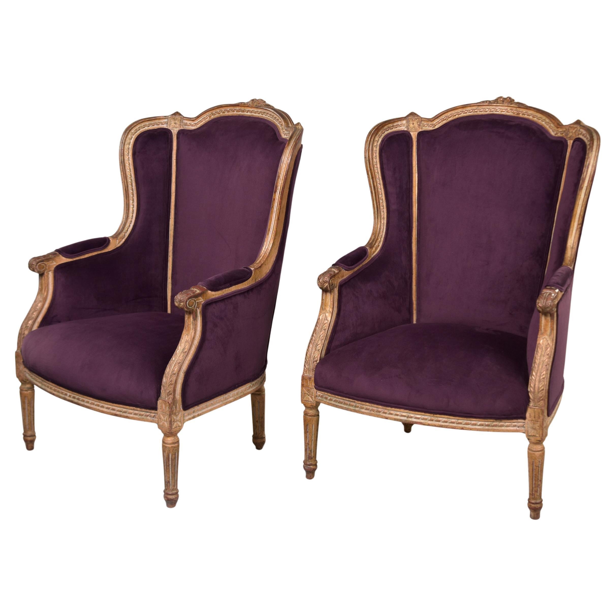 Pair Ponteuse Louis XV Style Bergeres With New Aubergine Velvet Upholstery