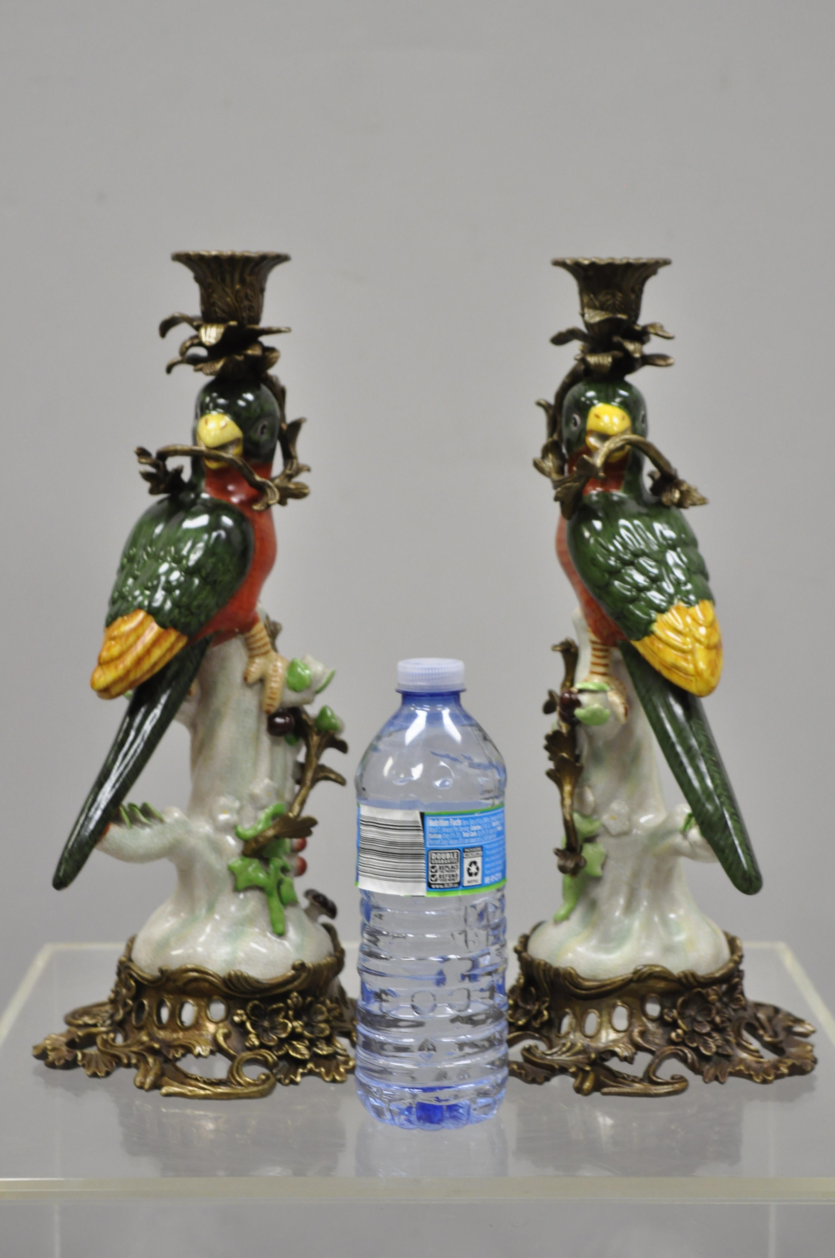 Porcelain & Bronze French Green & Yellow Parrot Candlestick Candleholders, Pair 6