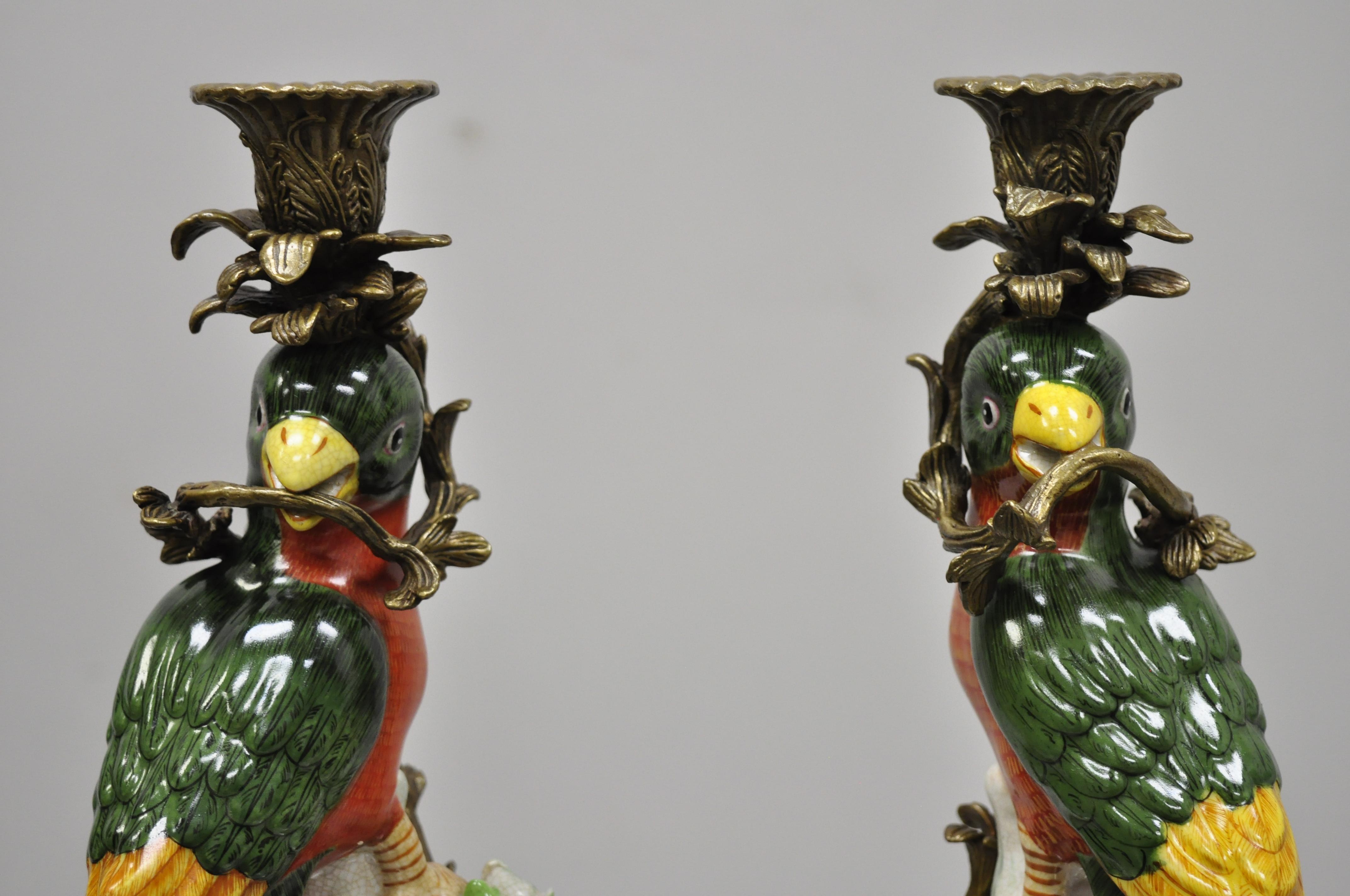Porcelain & Bronze French Green & Yellow Parrot Candlestick Candleholders, Pair In Good Condition In Philadelphia, PA