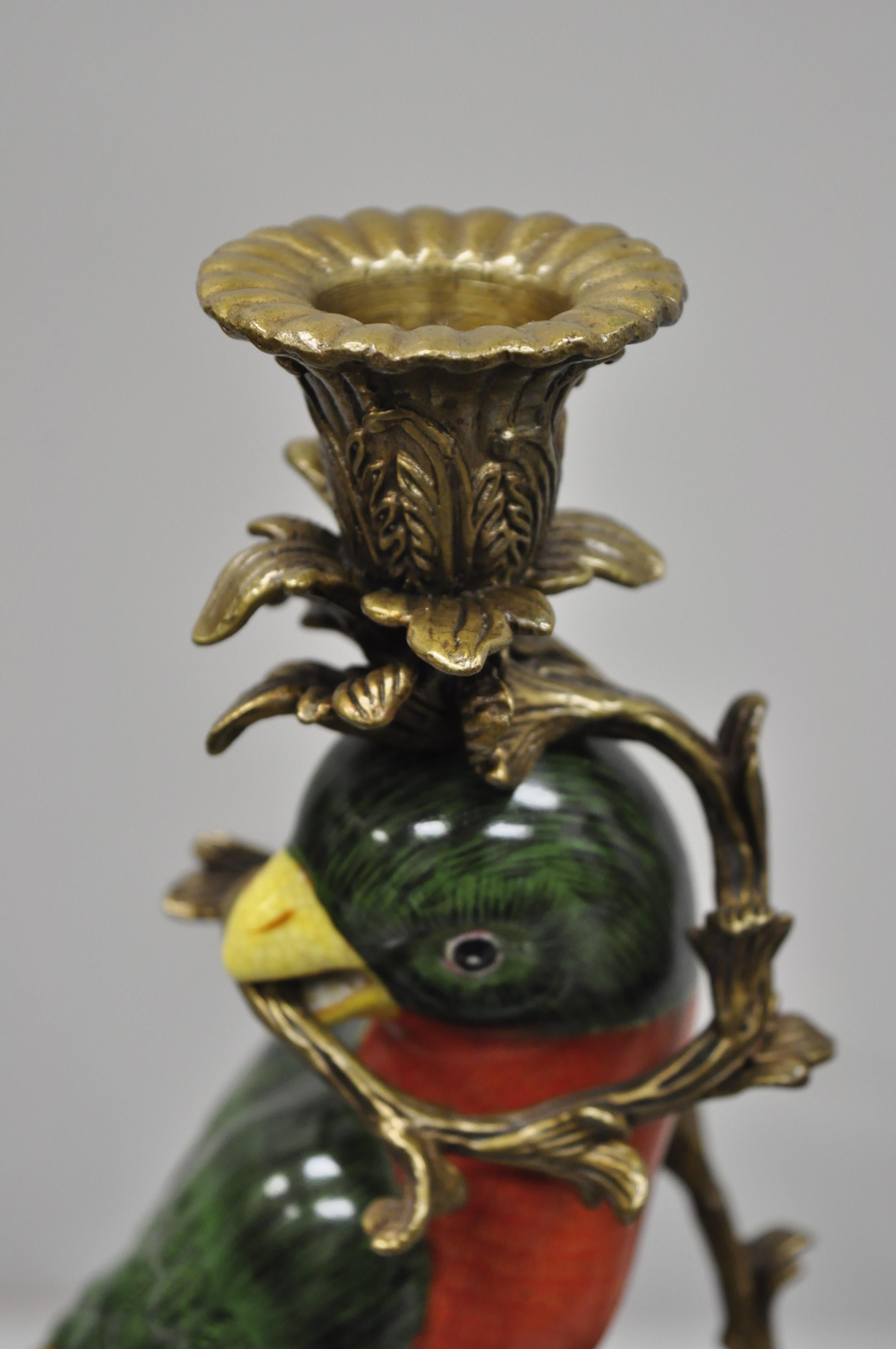 20th Century Porcelain & Bronze French Green & Yellow Parrot Candlestick Candleholders, Pair