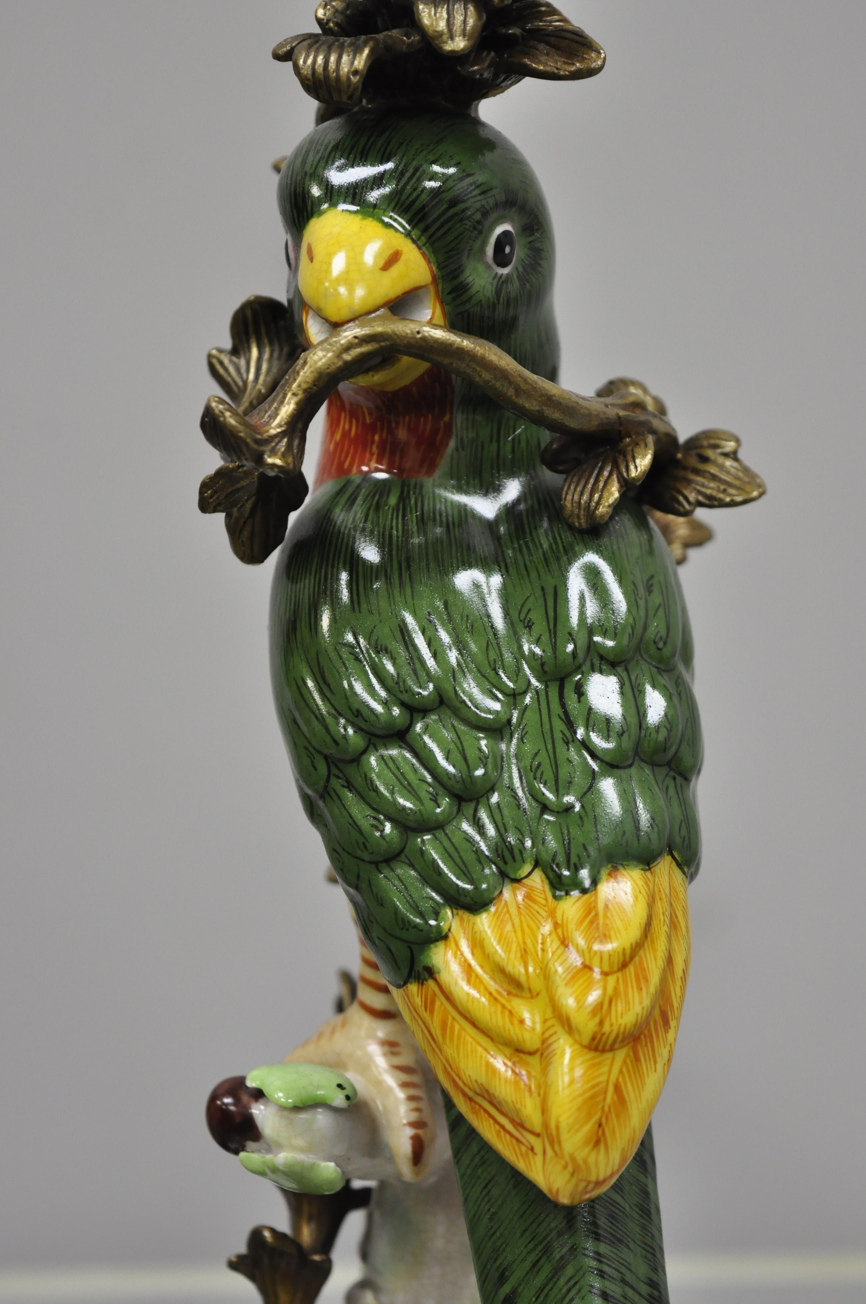 Porcelain & Bronze French Green & Yellow Parrot Candlestick Candleholders, Pair 1
