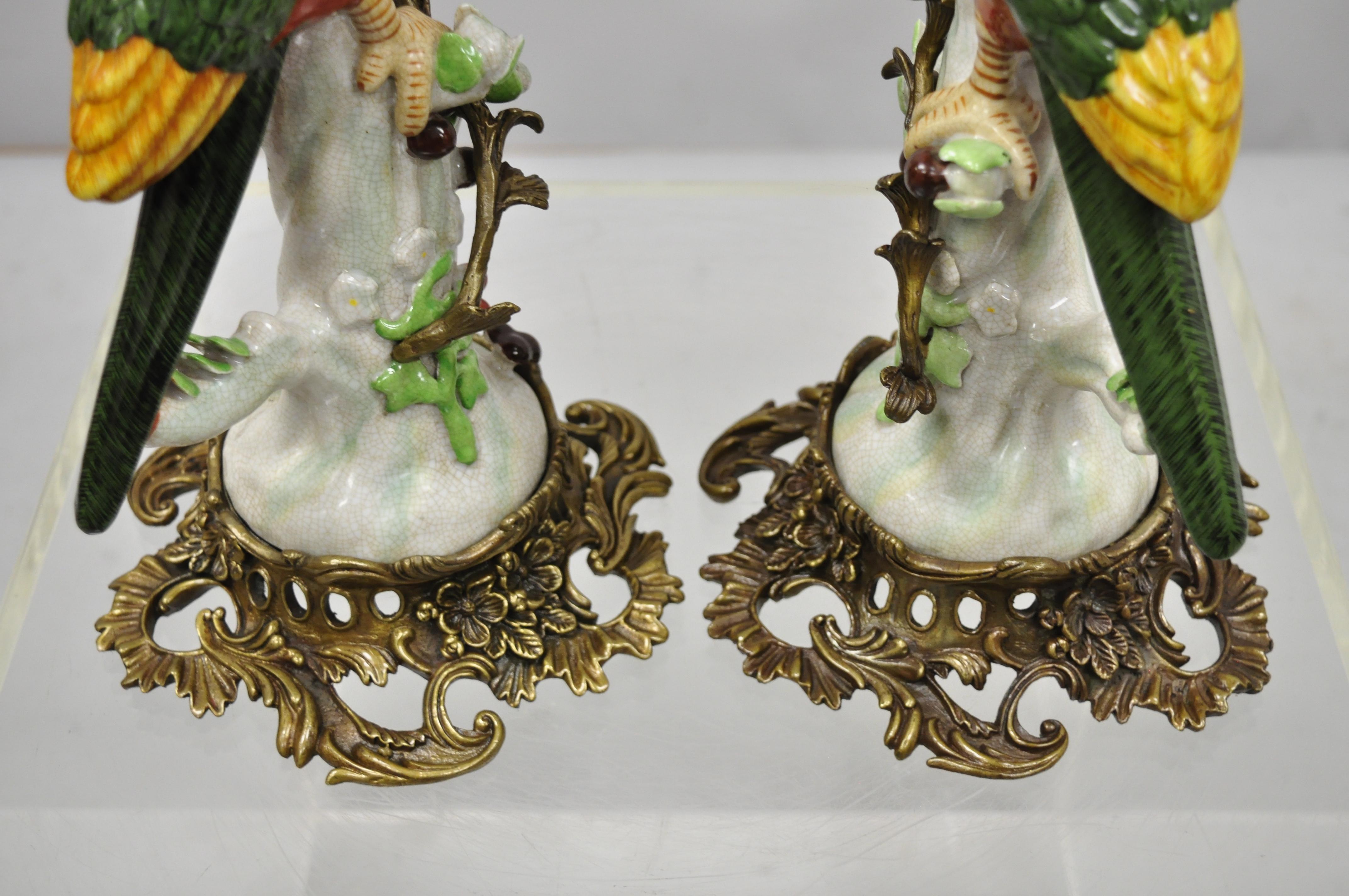 Porcelain & Bronze French Green & Yellow Parrot Candlestick Candleholders, Pair 2