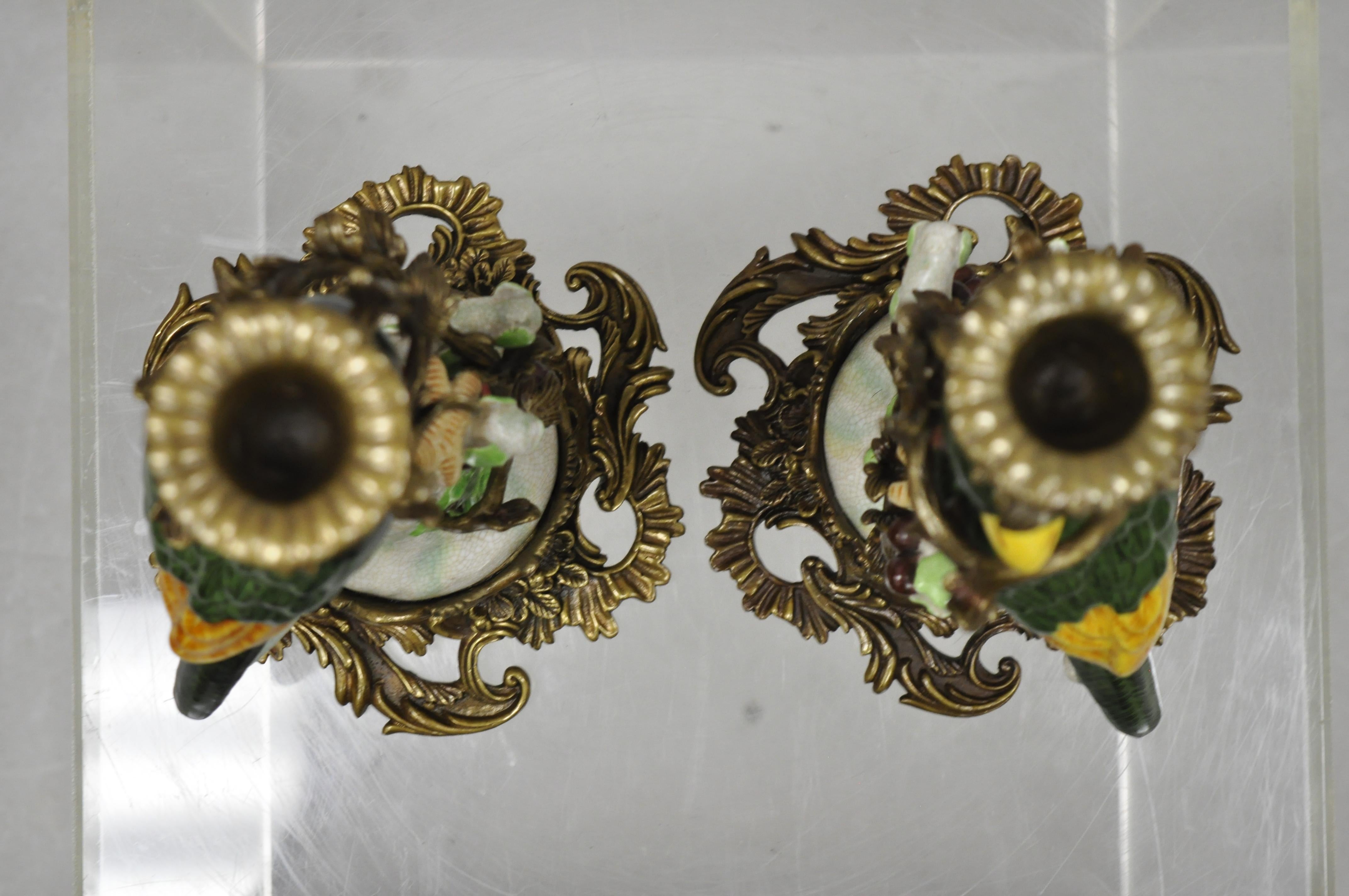 Porcelain & Bronze French Green & Yellow Parrot Candlestick Candleholders, Pair 4
