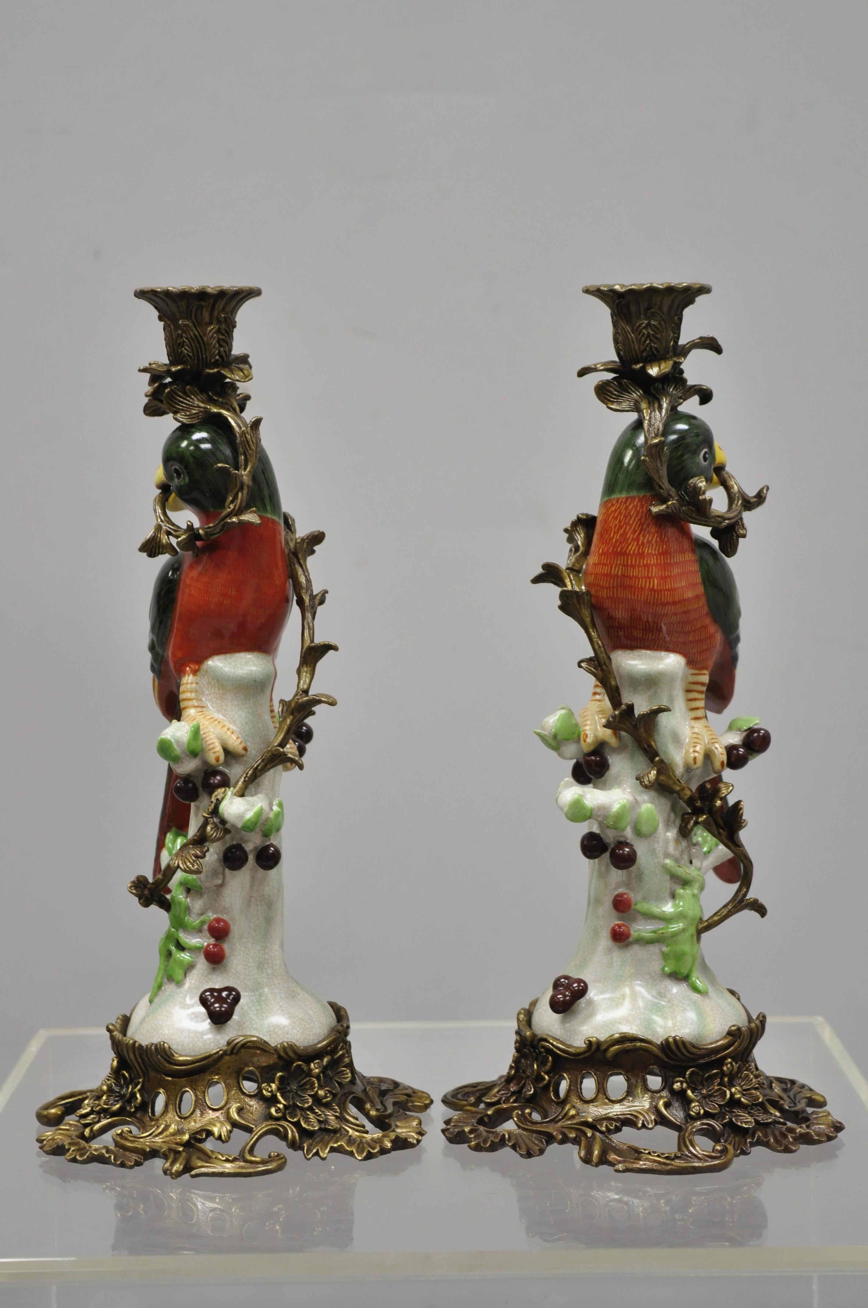 Porcelain & Bronze French Green & Yellow Parrot Candlestick Candleholders, Pair 5