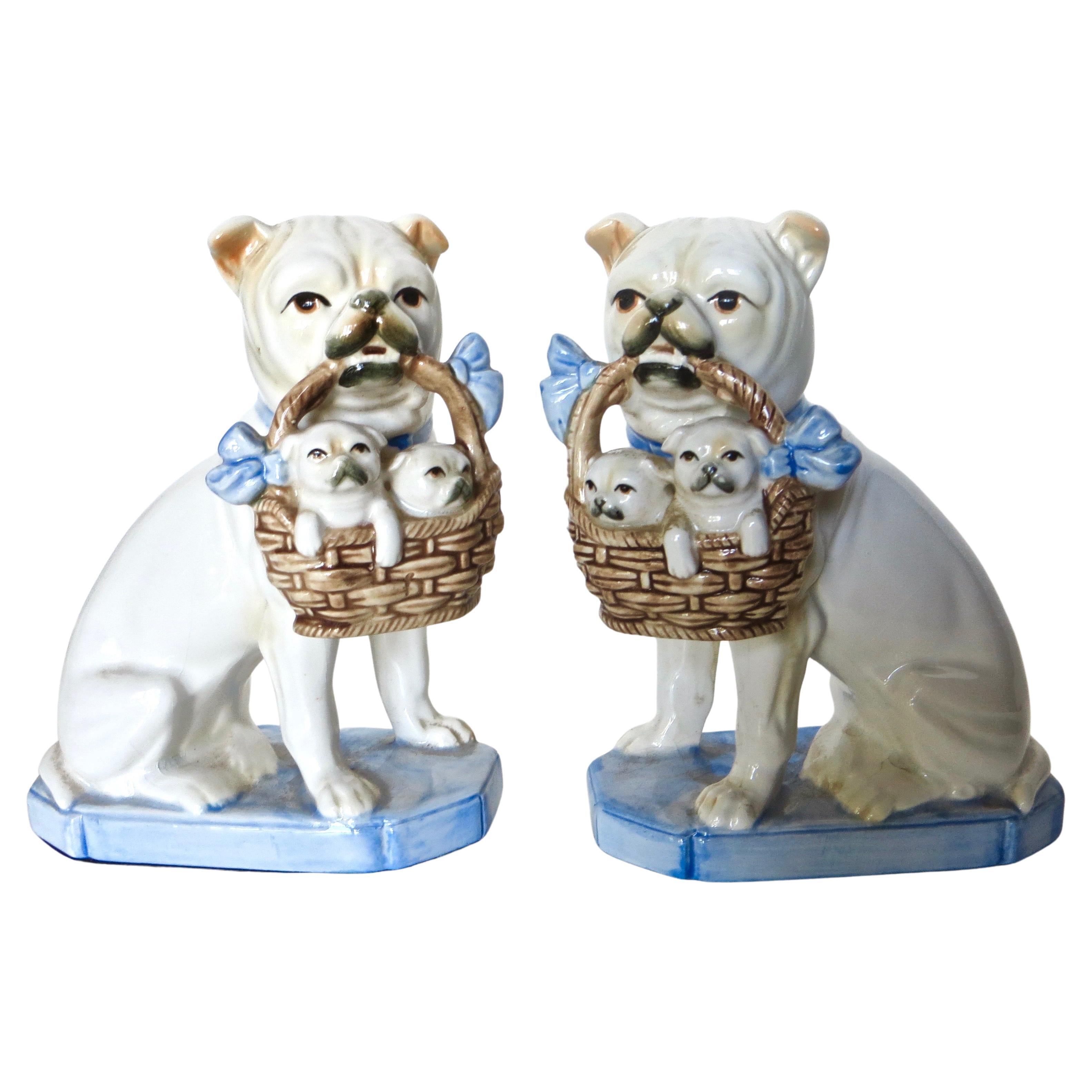 Pair Porcelain "Bulldogs with Puppies" by Fitz and Floyd Co., American For Sale