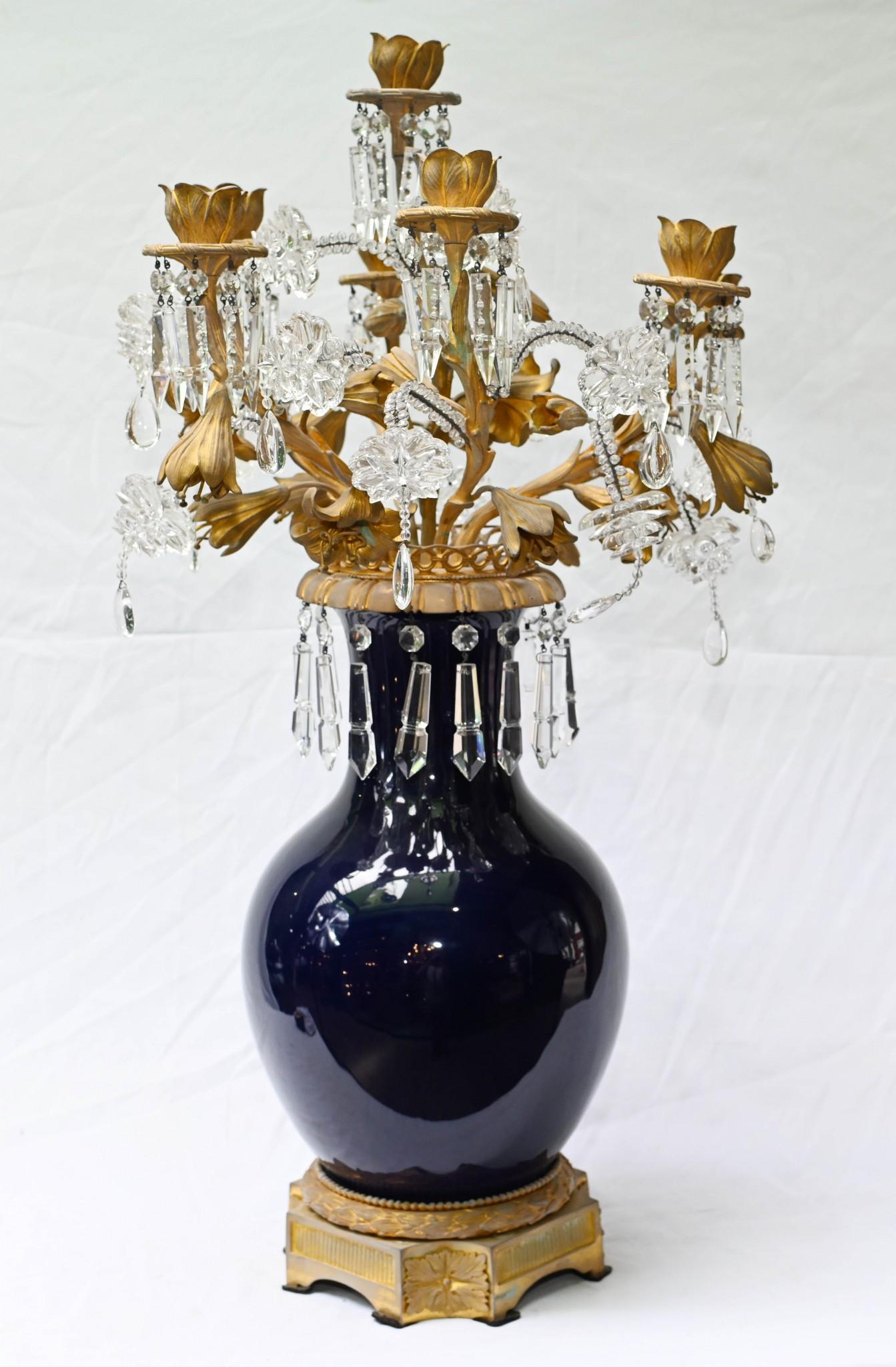 Pair Porcelain Candelabra Vases Louis XVI Lustral Drops In Good Condition For Sale In Potters Bar, GB