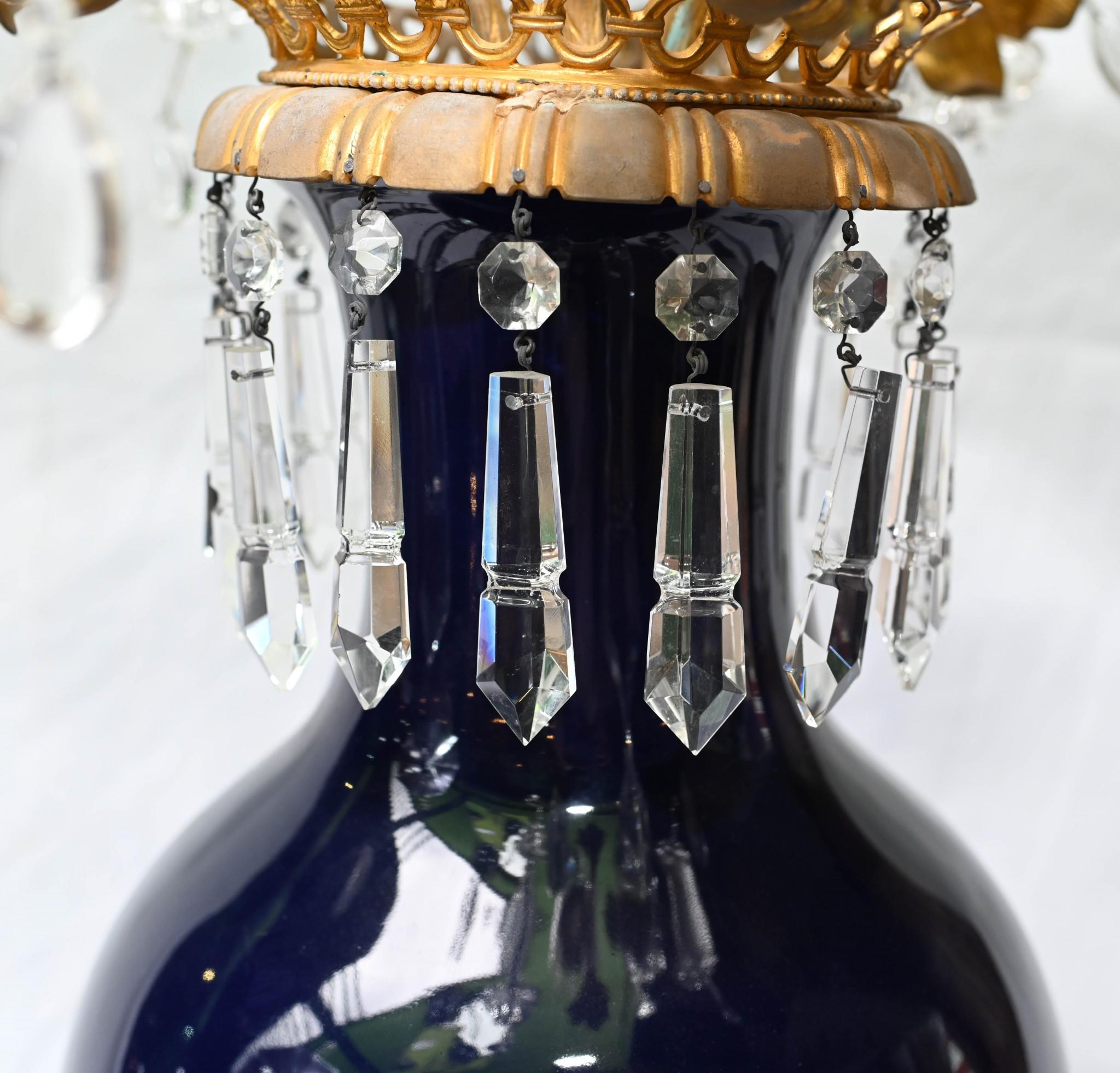 Marble Pair Porcelain Candelabra Vases Louis XVI Lustral Drops For Sale