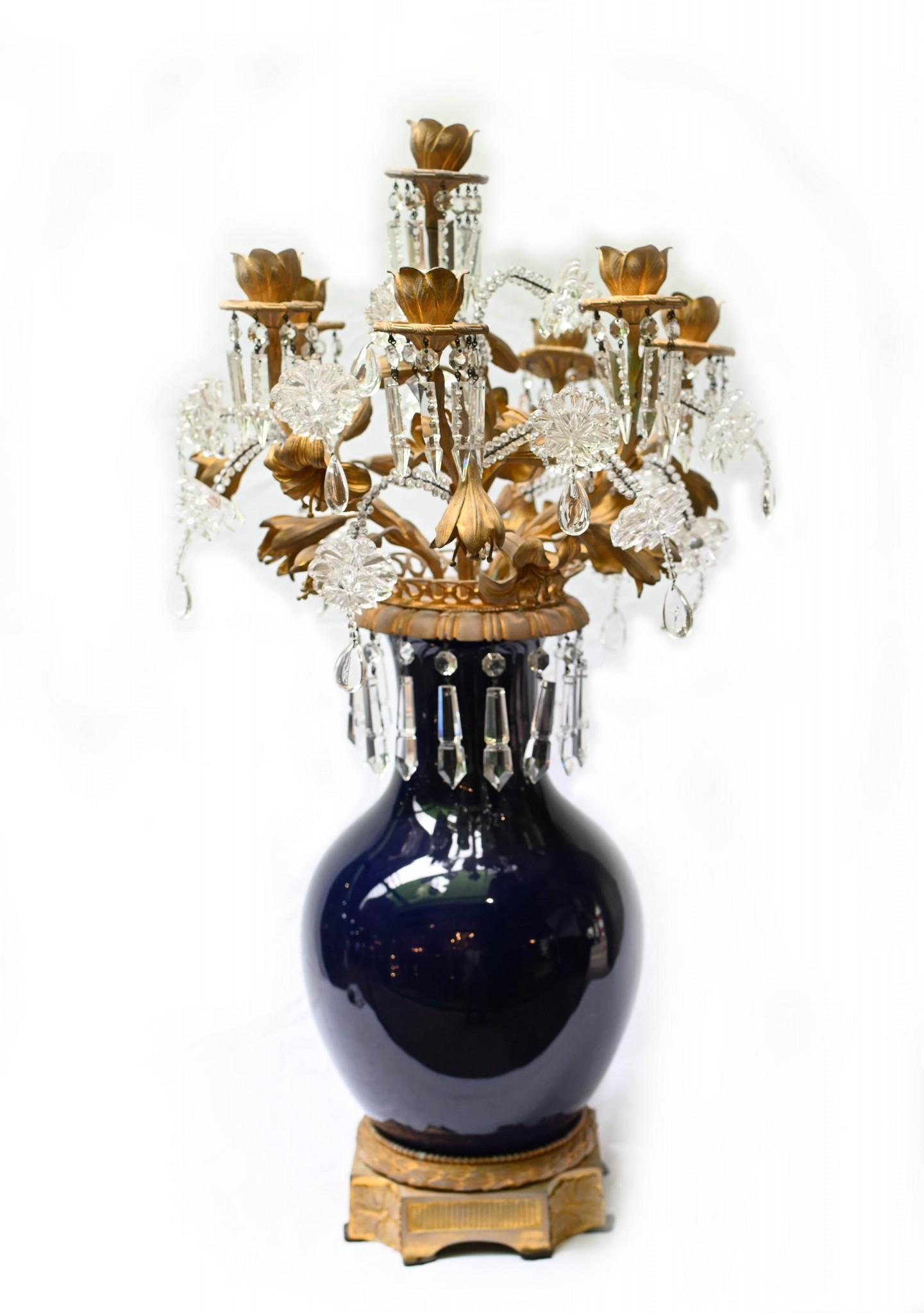 Pair Porcelain Candelabra Vases Louis XVI Lustral Drops For Sale 2