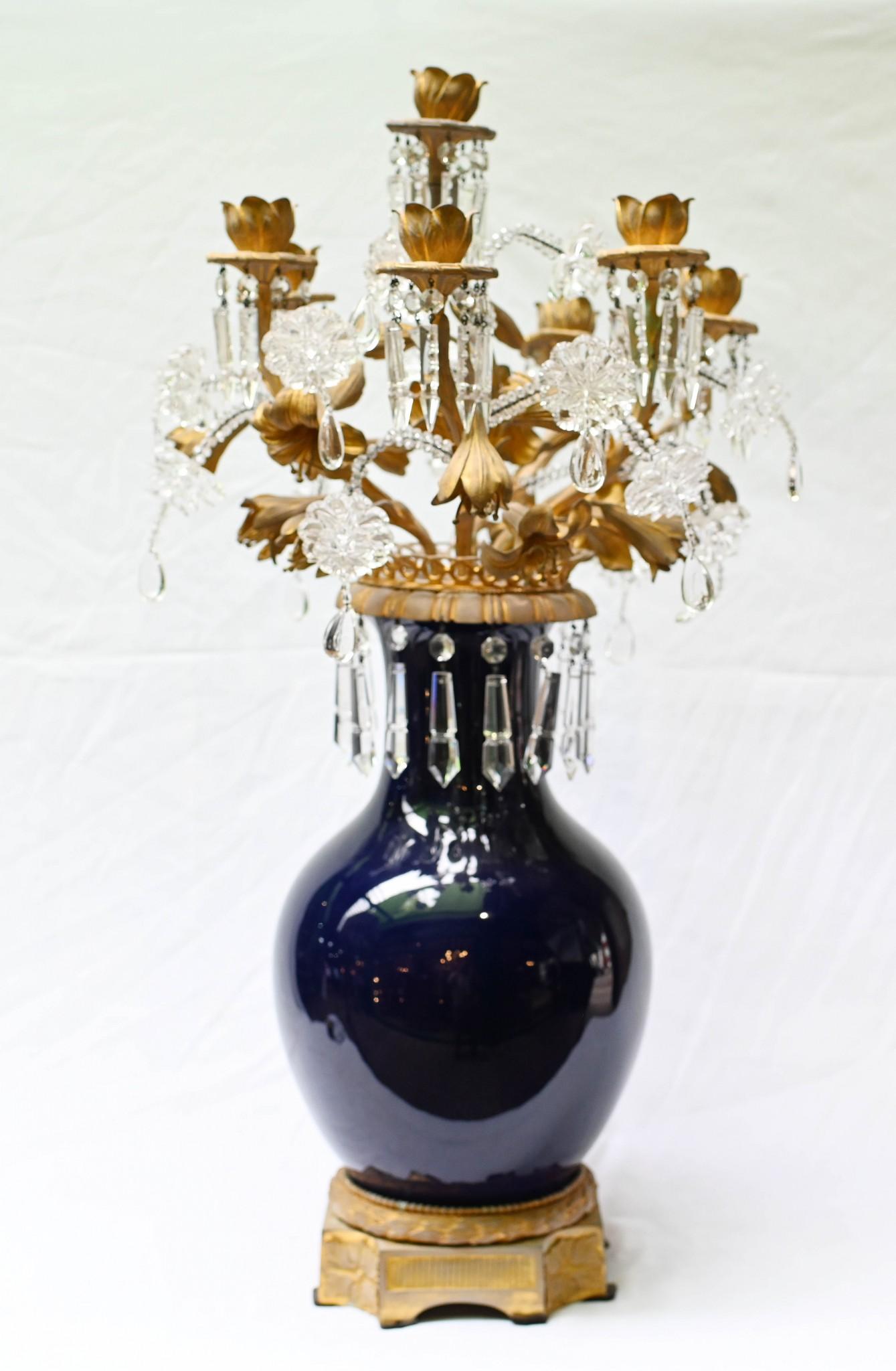 Pair Porcelain Candelabra Vases Louis XVI Lustral Drops For Sale 3