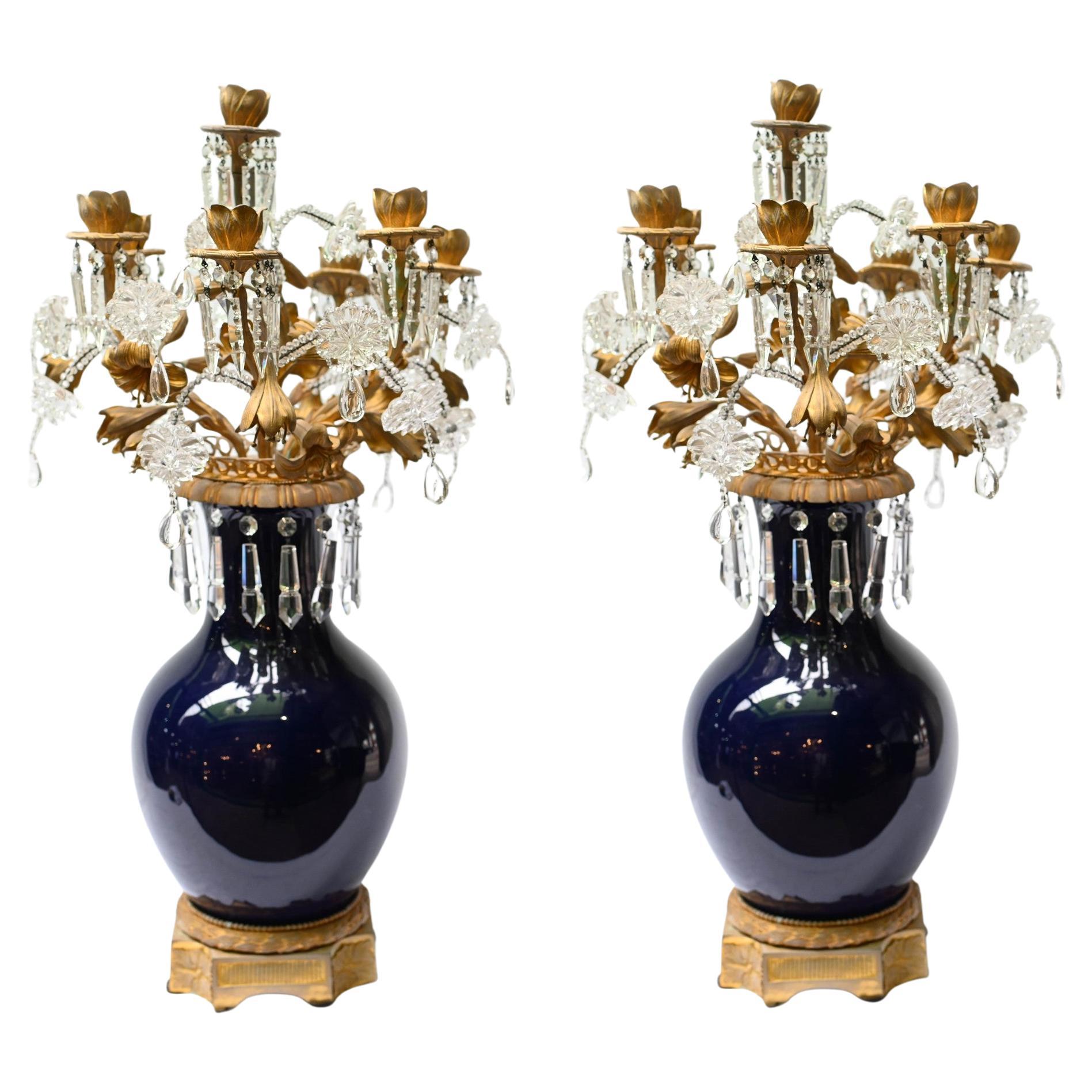 Pair Porcelain Candelabra Vases Louis XVI Lustral Drops For Sale
