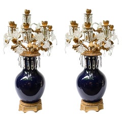 Pair Porcelain Candelabra Vases Louis XVI Lustral Drops