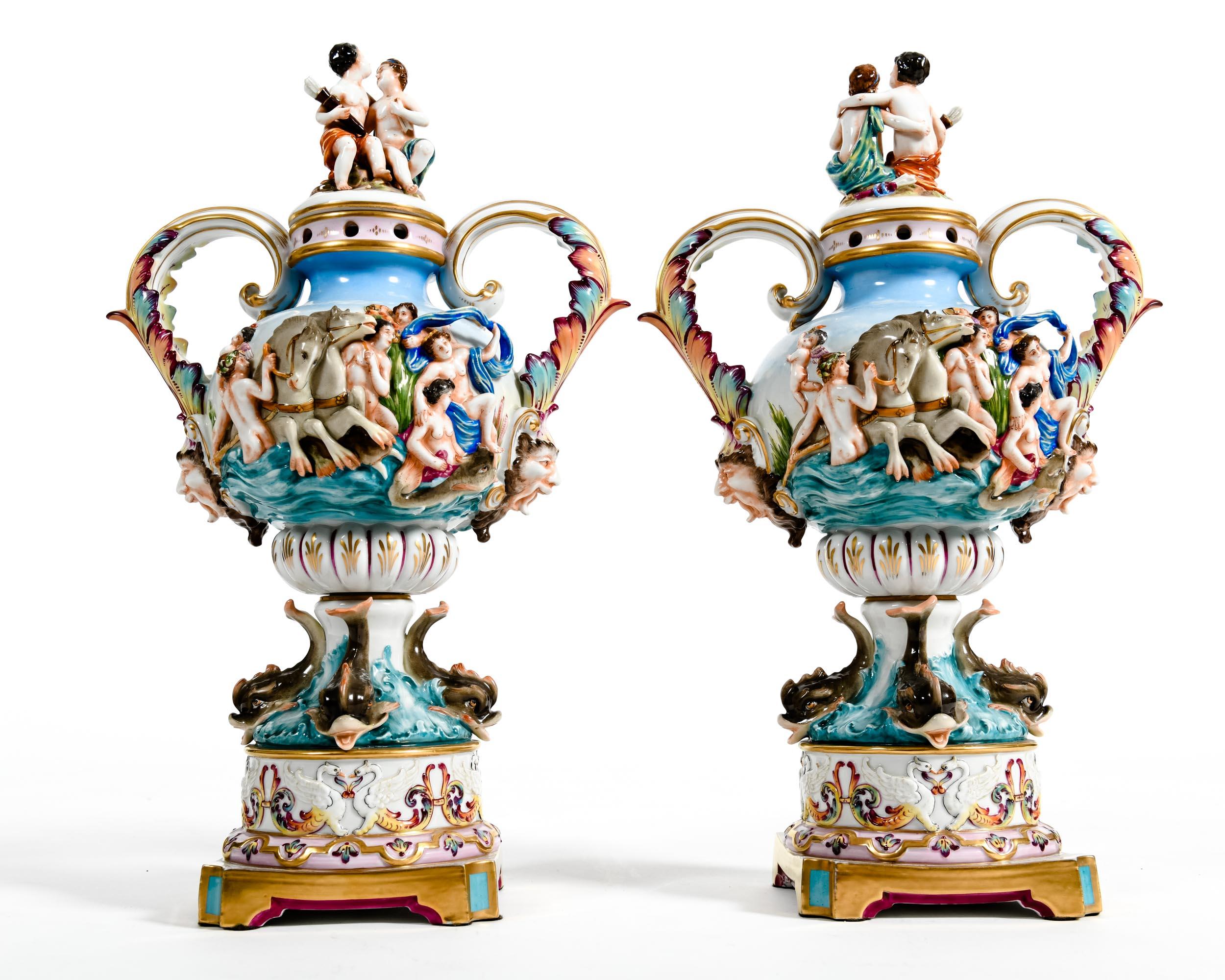 Late 19th Century Pair Porcelain Covered Urns / Decorative Pieces