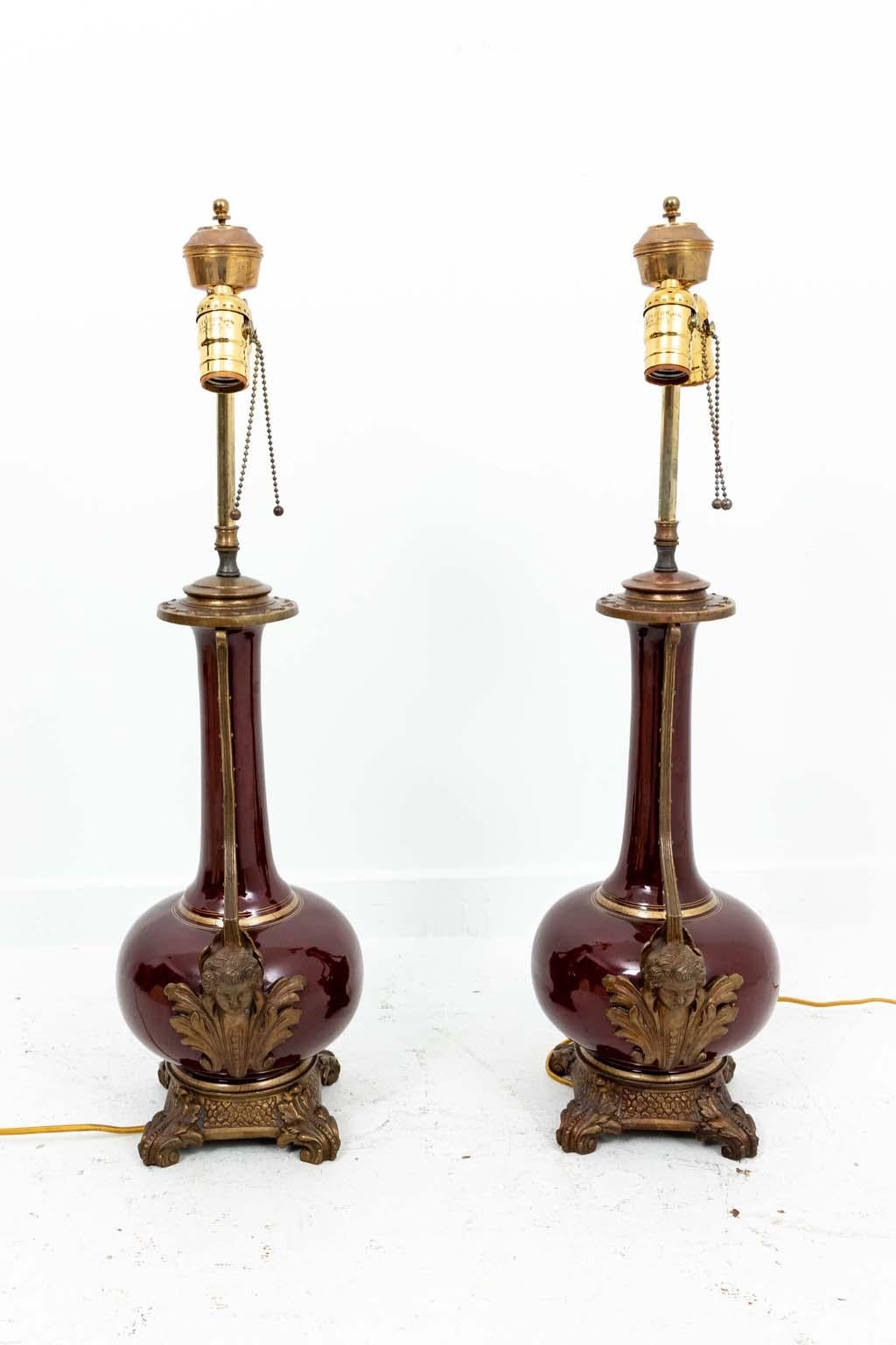 Pair Porcelain Oxblood Lamps In Good Condition For Sale In Stamford, CT