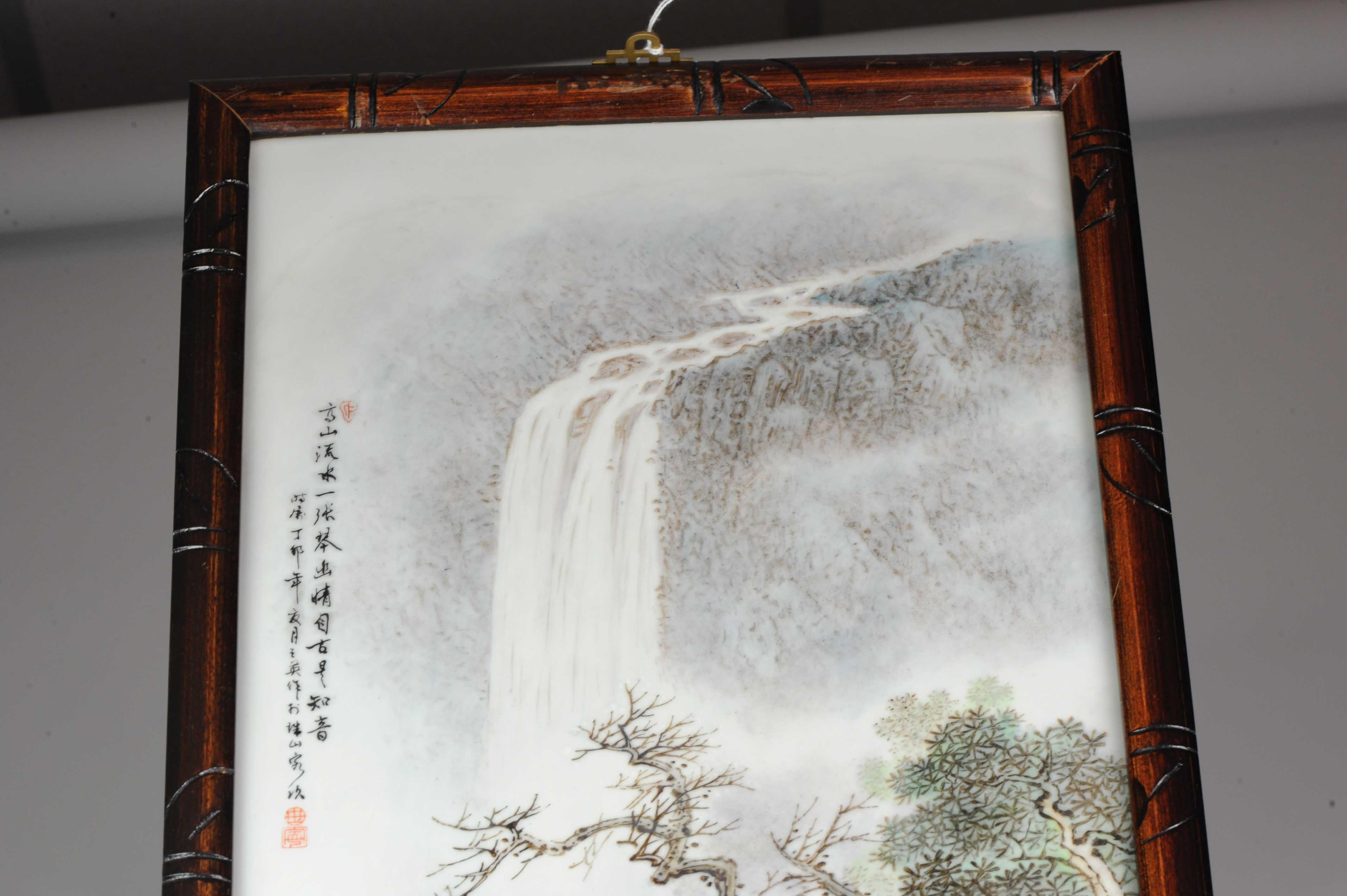 Pair of Porcelain Plaque Wooden Frame Mountain Landscape Wang Yeting, Marked For Sale 9