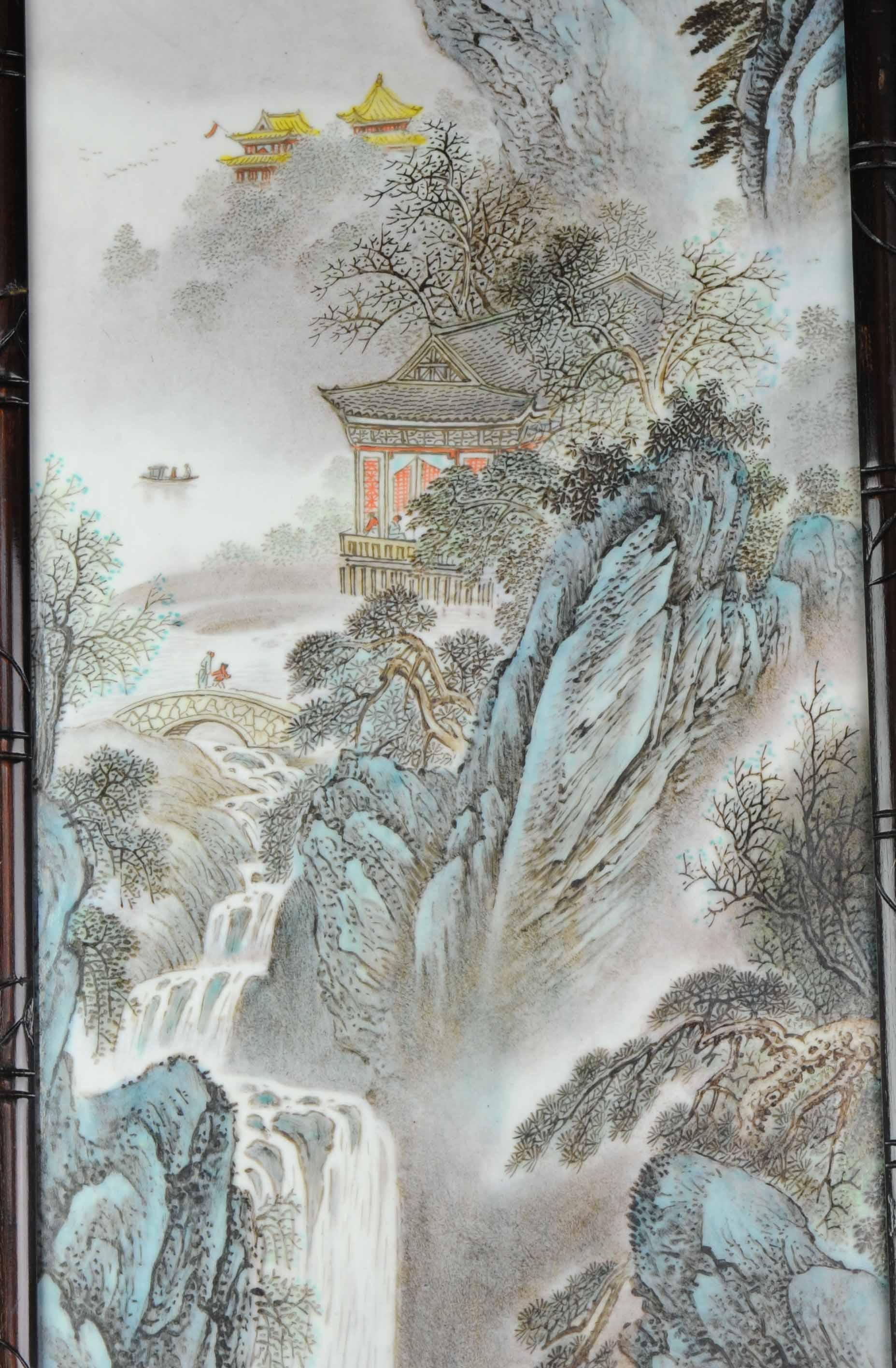 Lot of two polychrome porcelain plaques, decorated with waterfalls in a mountainous landscape. Dated 1987. Marked Wang Yeting. China. 
Its a copy of one of the zhushan friends

Dimensions: 112 x 31 cm.

Provenance: bought in Hong Kong, 1988

The