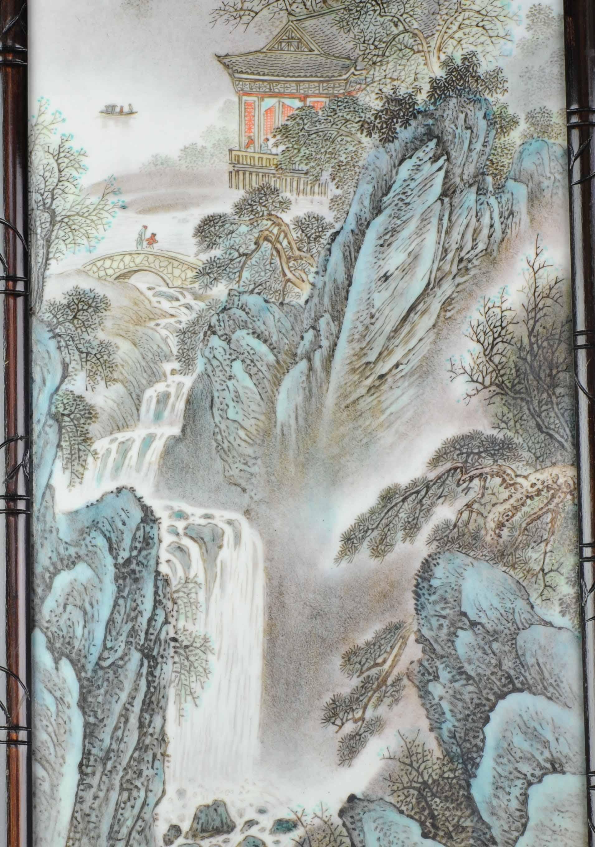 Chinese Pair of Porcelain Plaque Wooden Frame Mountain Landscape Wang Yeting, Marked For Sale