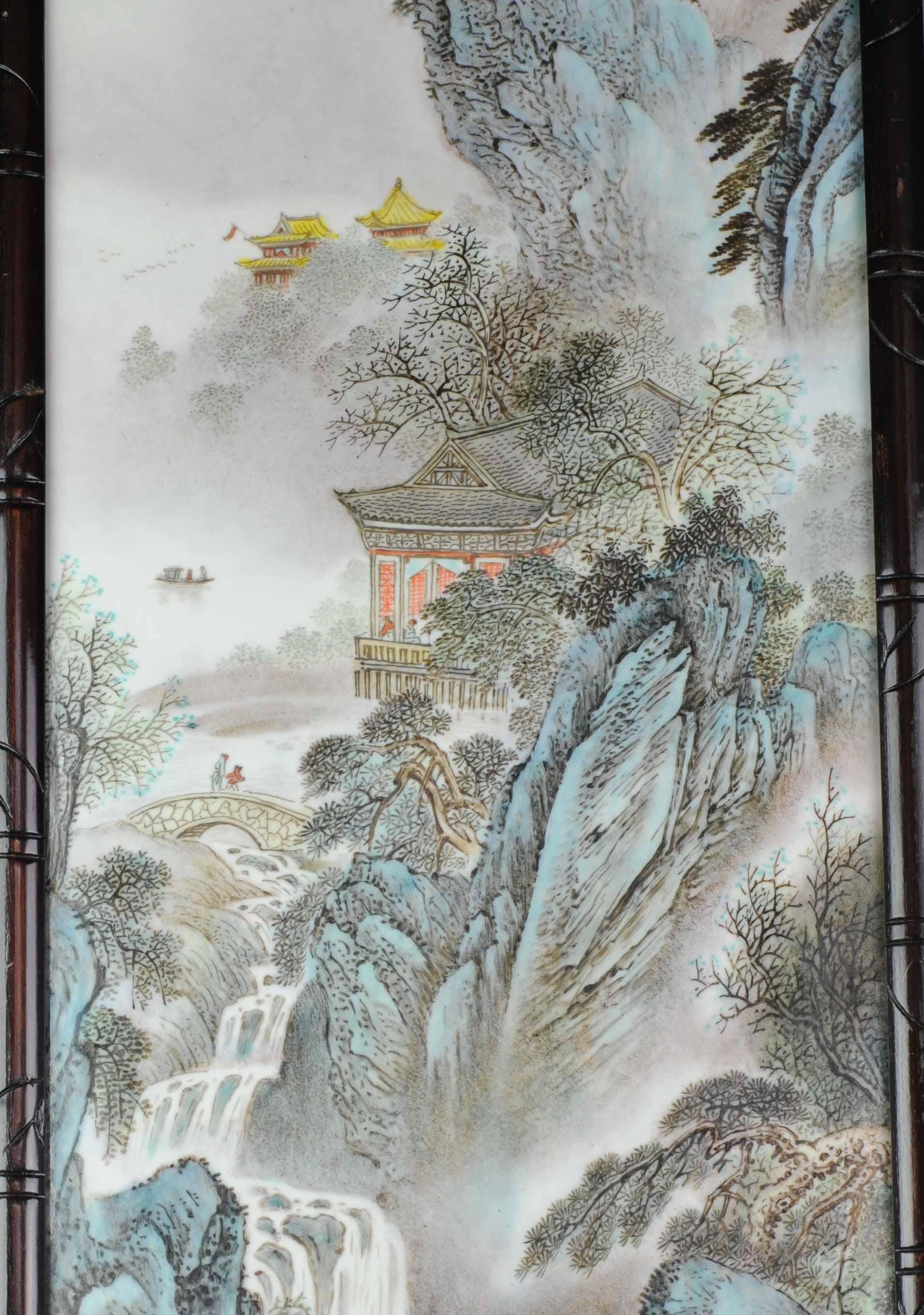 Pair of Porcelain Plaque Wooden Frame Mountain Landscape Wang Yeting, Marked In Excellent Condition For Sale In Amsterdam, Noord Holland