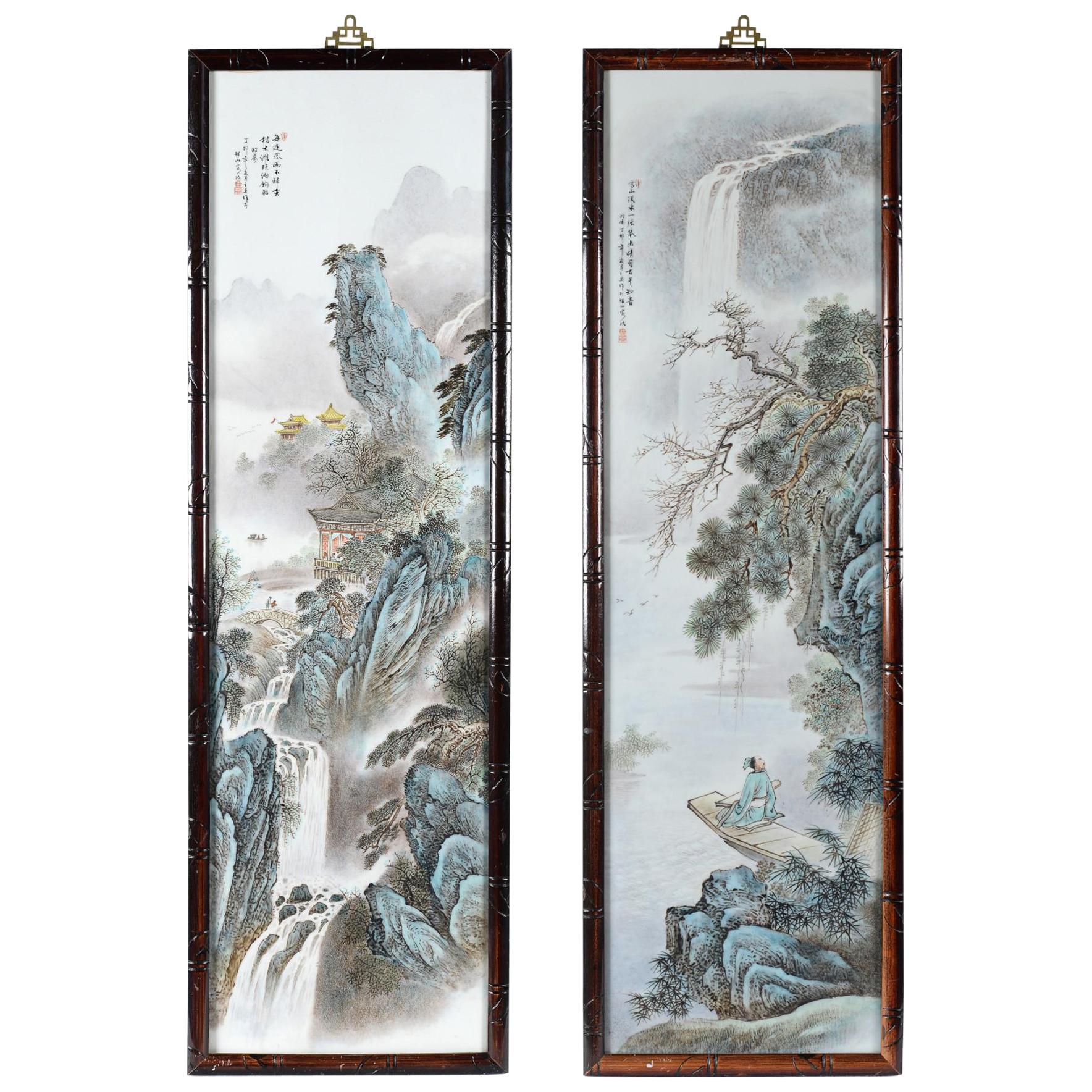 Pair of Porcelain Plaque Wooden Frame Mountain Landscape Wang Yeting, Marked For Sale