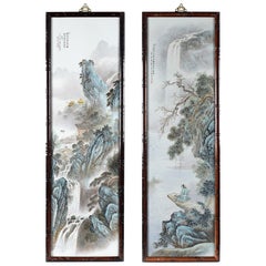 Pair of Porcelain Plaque Wooden Frame Mountain Landscape Wang Yeting, Marked