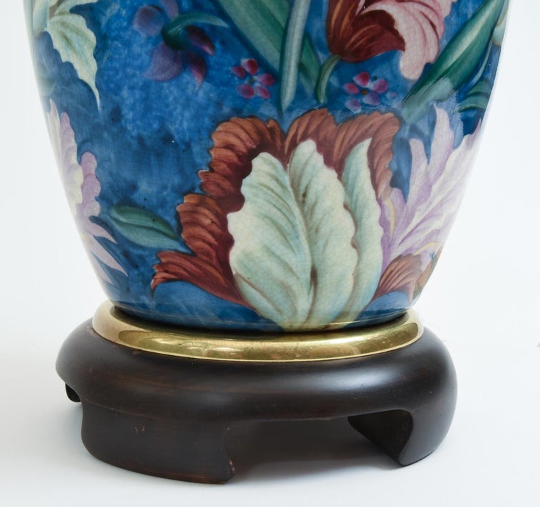 Pair Porcelain with Mahogany Wood Base Table Lamps at 1stDibs