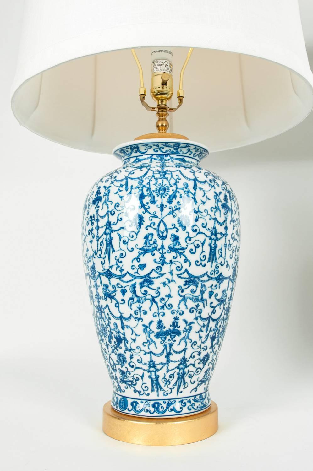 Pair of Porcelain with Wooden Base Gold-Plated Task Table Lamps In Excellent Condition In Tarry Town, NY