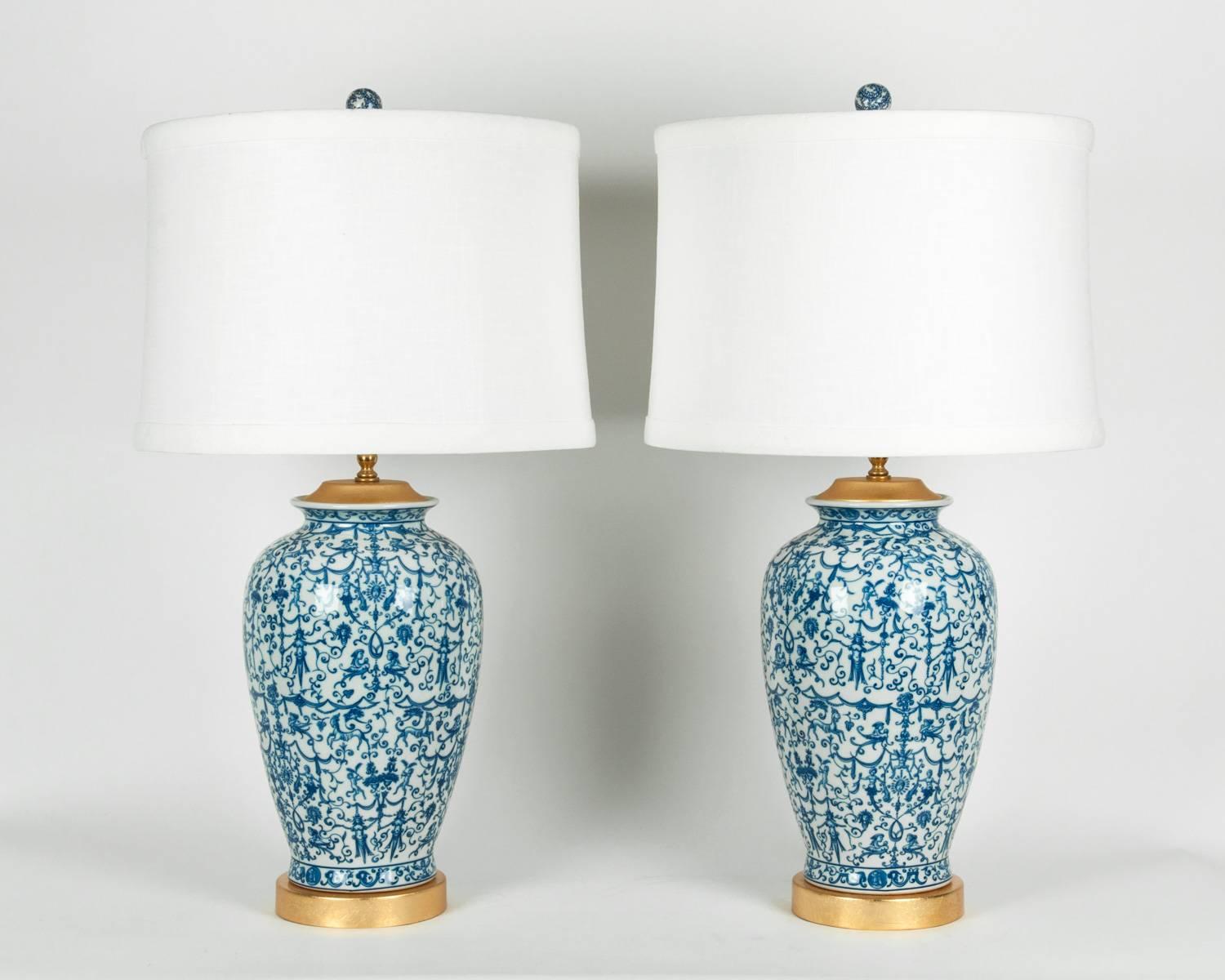 Pair of Porcelain with Wooden Base Gold-Plated Task Table Lamps 1