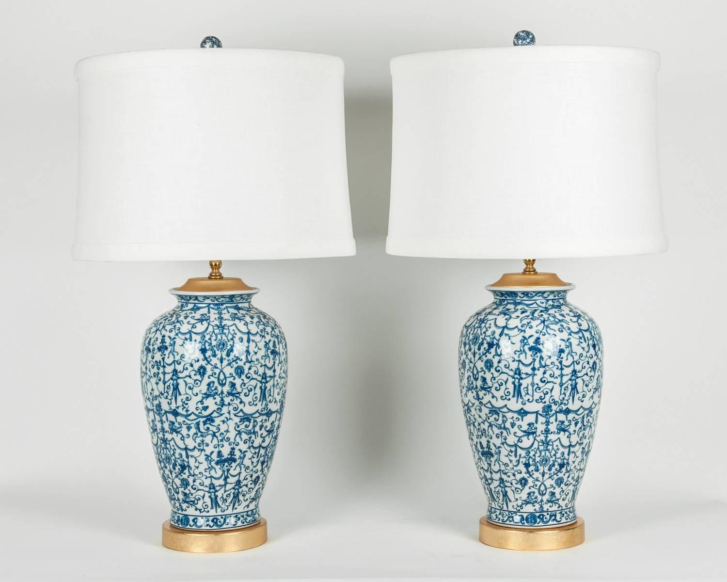 Pair of Porcelain with Wooden Base Gold-Plated Task Table Lamps 4