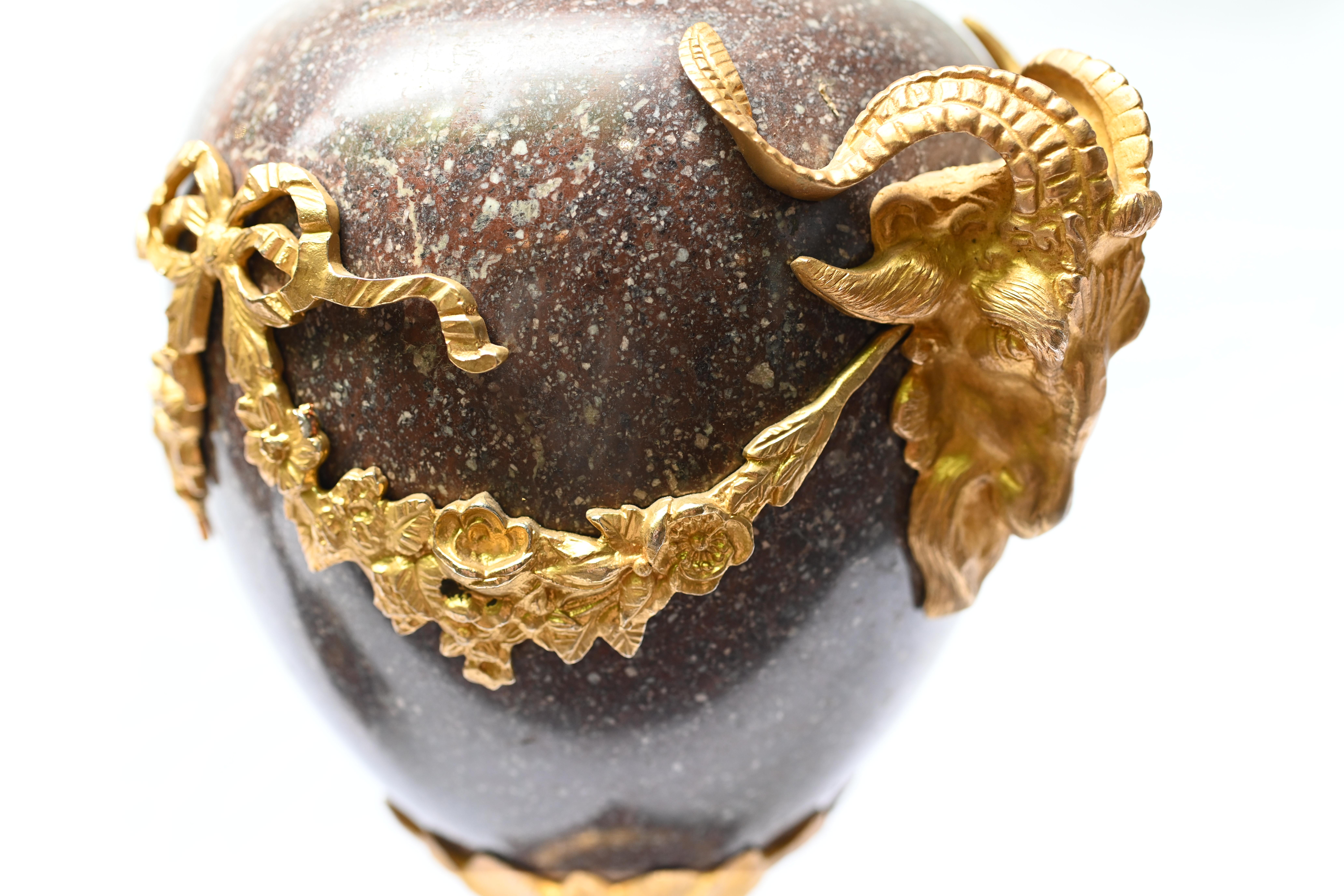 Pair Porphyry Cassolettes French Empire Marble Urns Rams Heads 1880 7