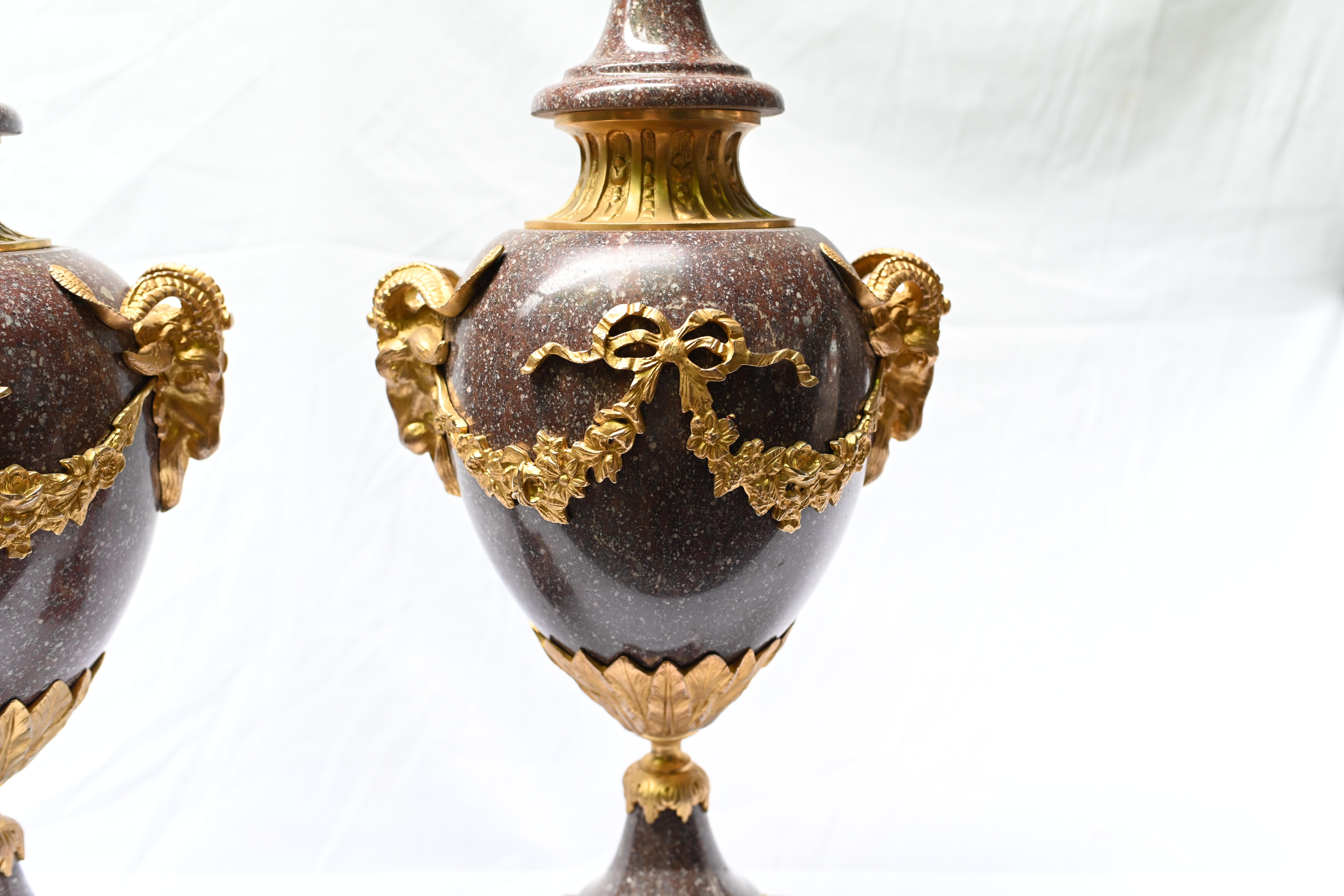 Pair Porphyry Cassolettes French Empire Marble Urns Rams Heads 1880 In Good Condition In Potters Bar, GB
