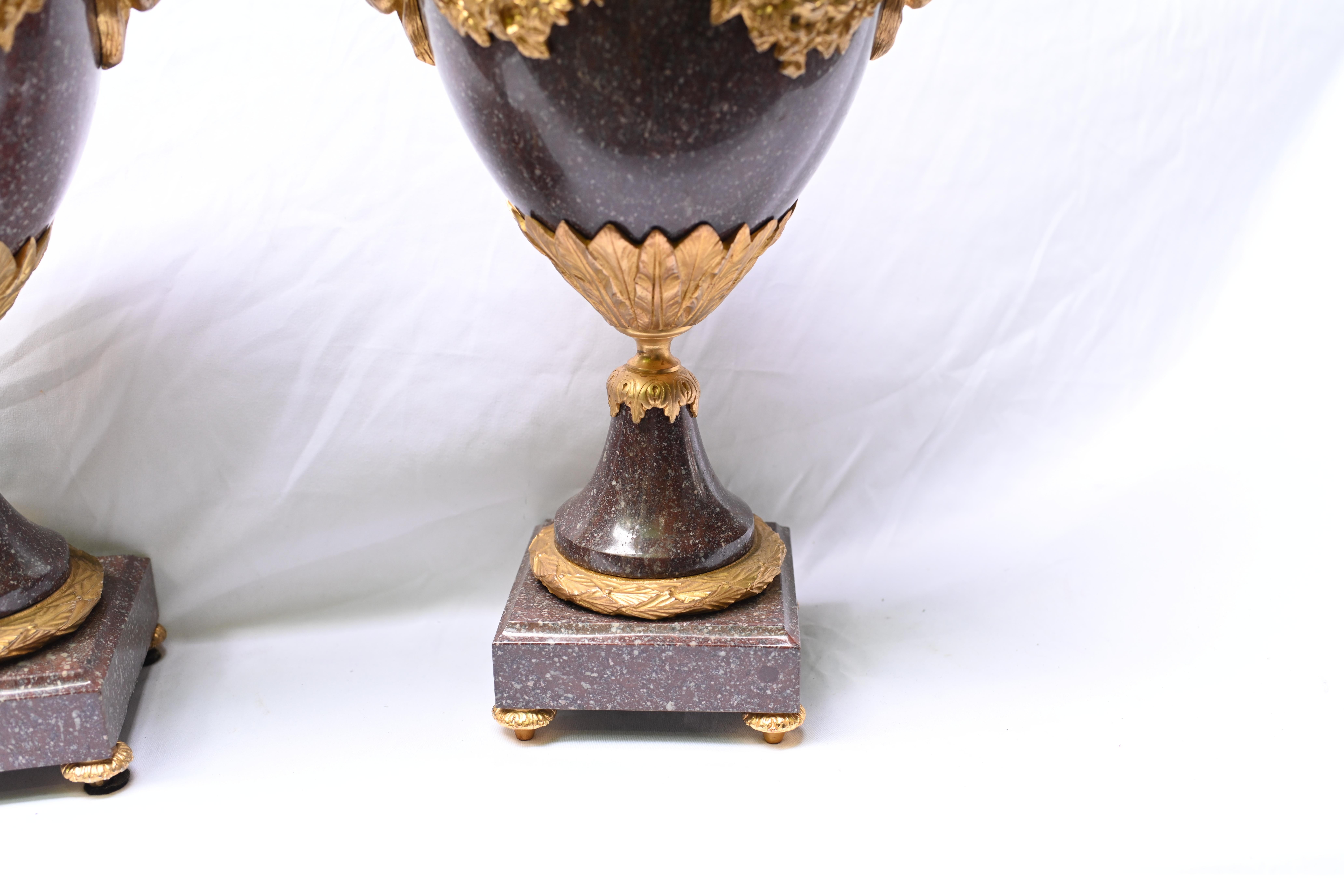 Late 19th Century Pair Porphyry Cassolettes French Empire Marble Urns Rams Heads 1880