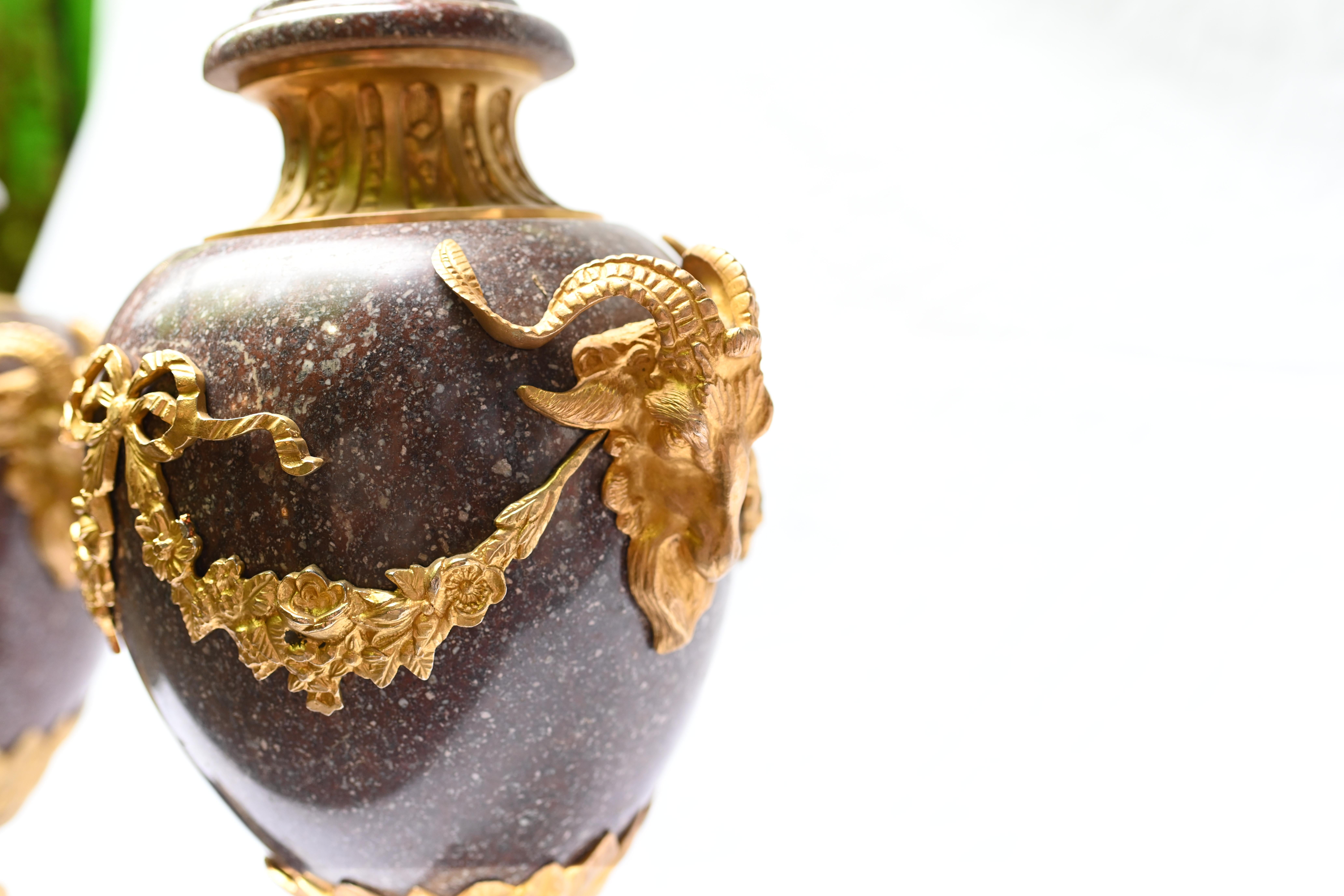 Pair Porphyry Cassolettes French Empire Marble Urns Rams Heads 1880 1